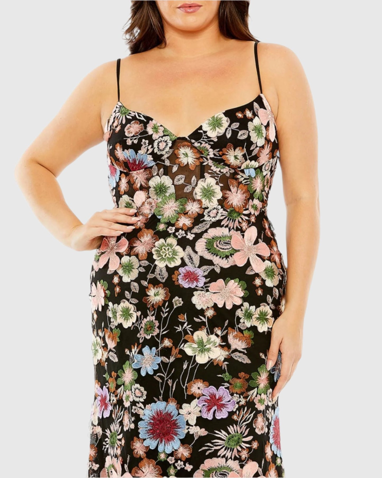 Vestido de malla con corsé y bordado floral 