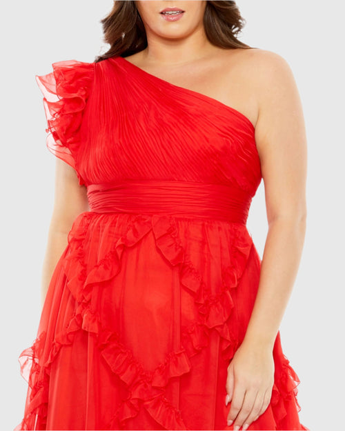 Ruffled One Shoulder Ruched Gown