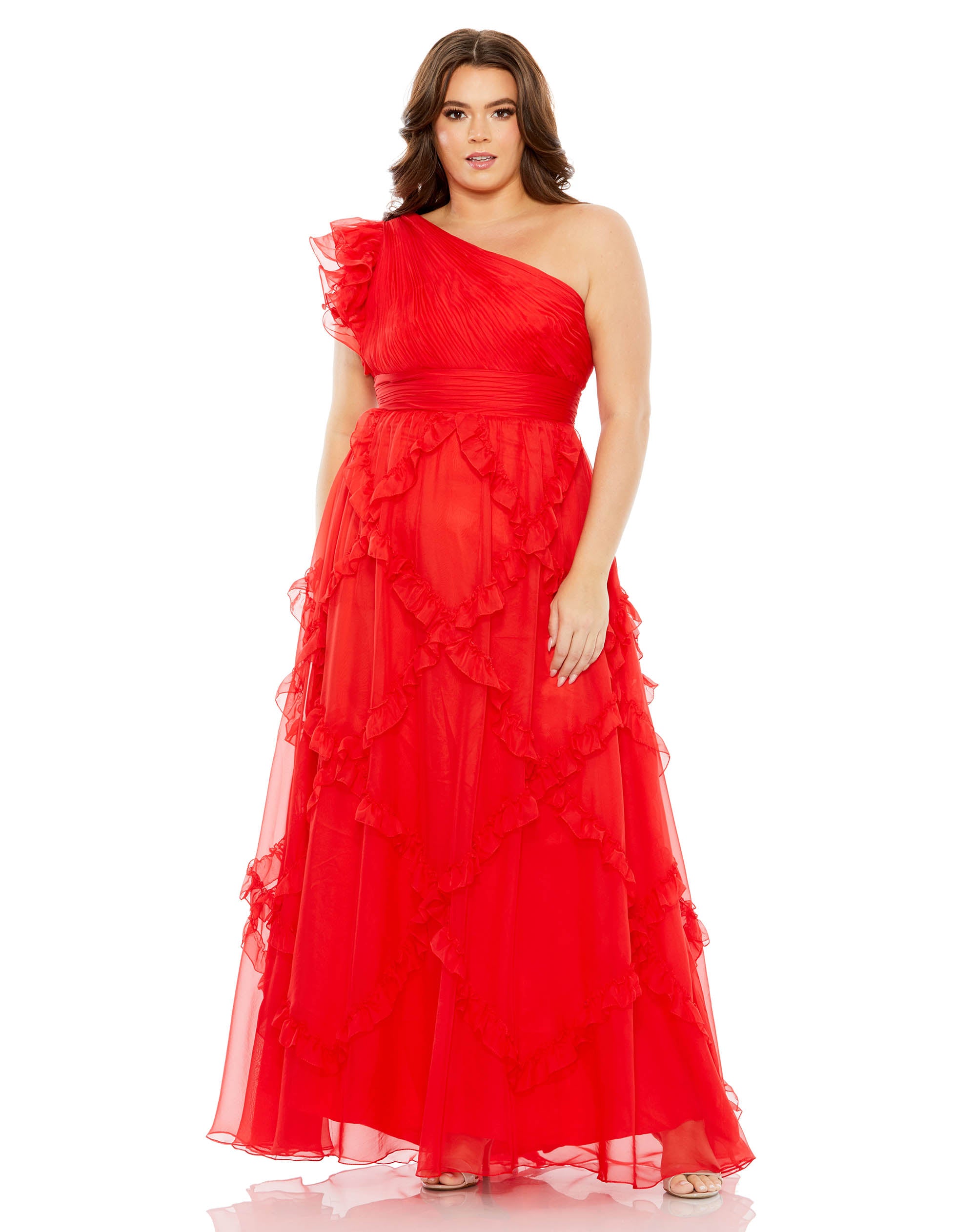 Ruffled one shoulder ruched gown