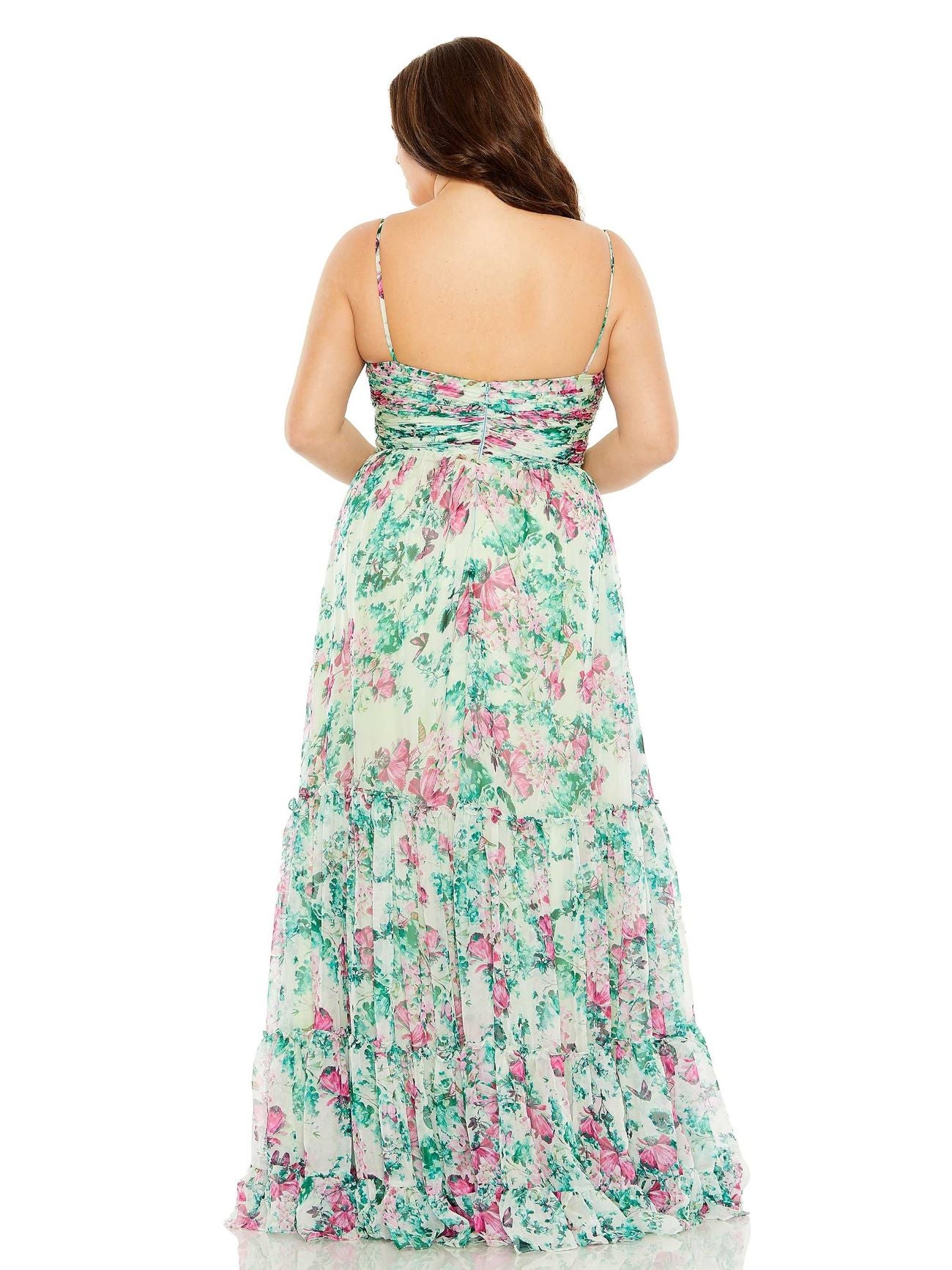 Floral Printed Tiered Ruched Gown