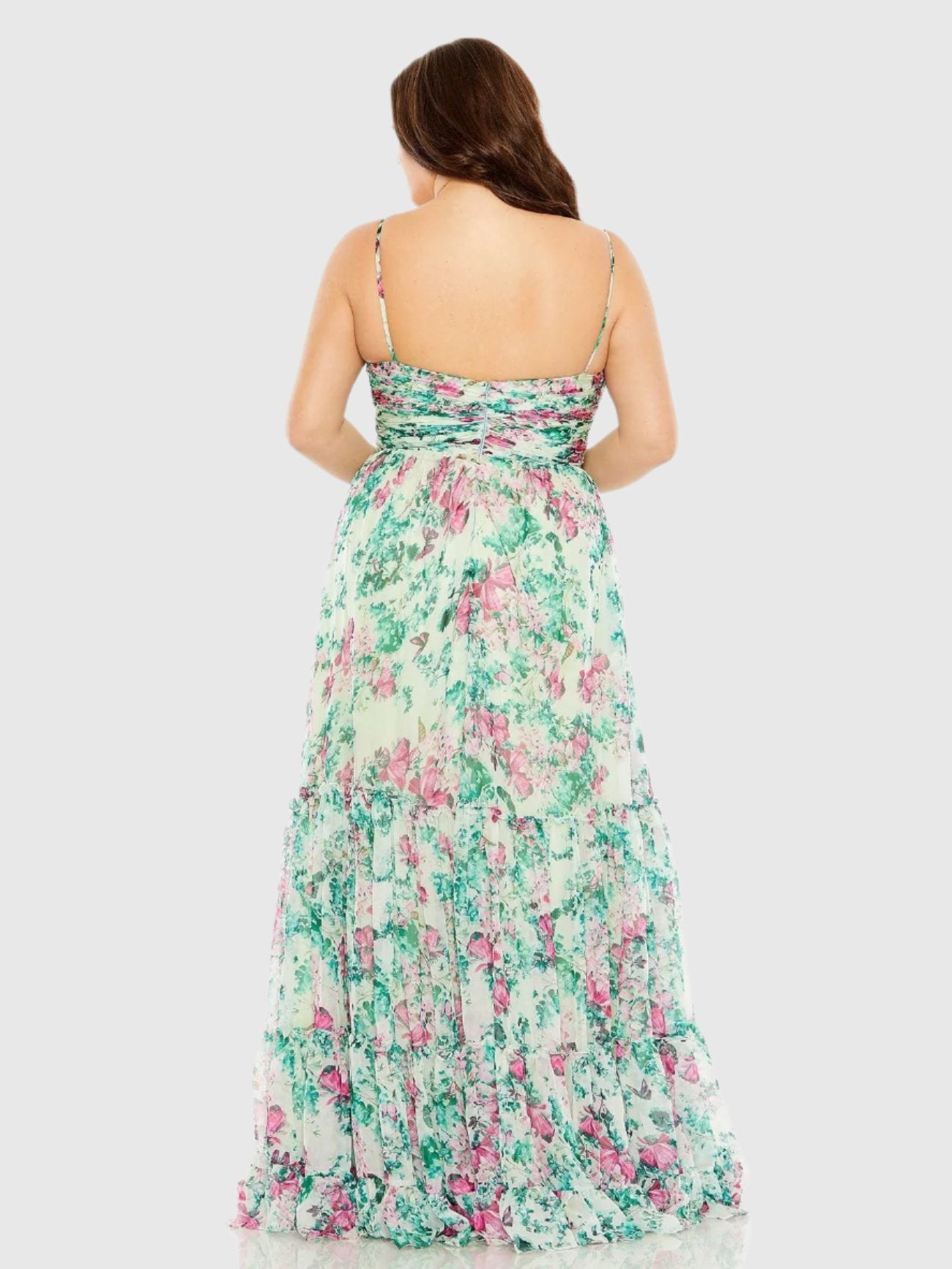 Vestido franzido com estampa floral e camadas