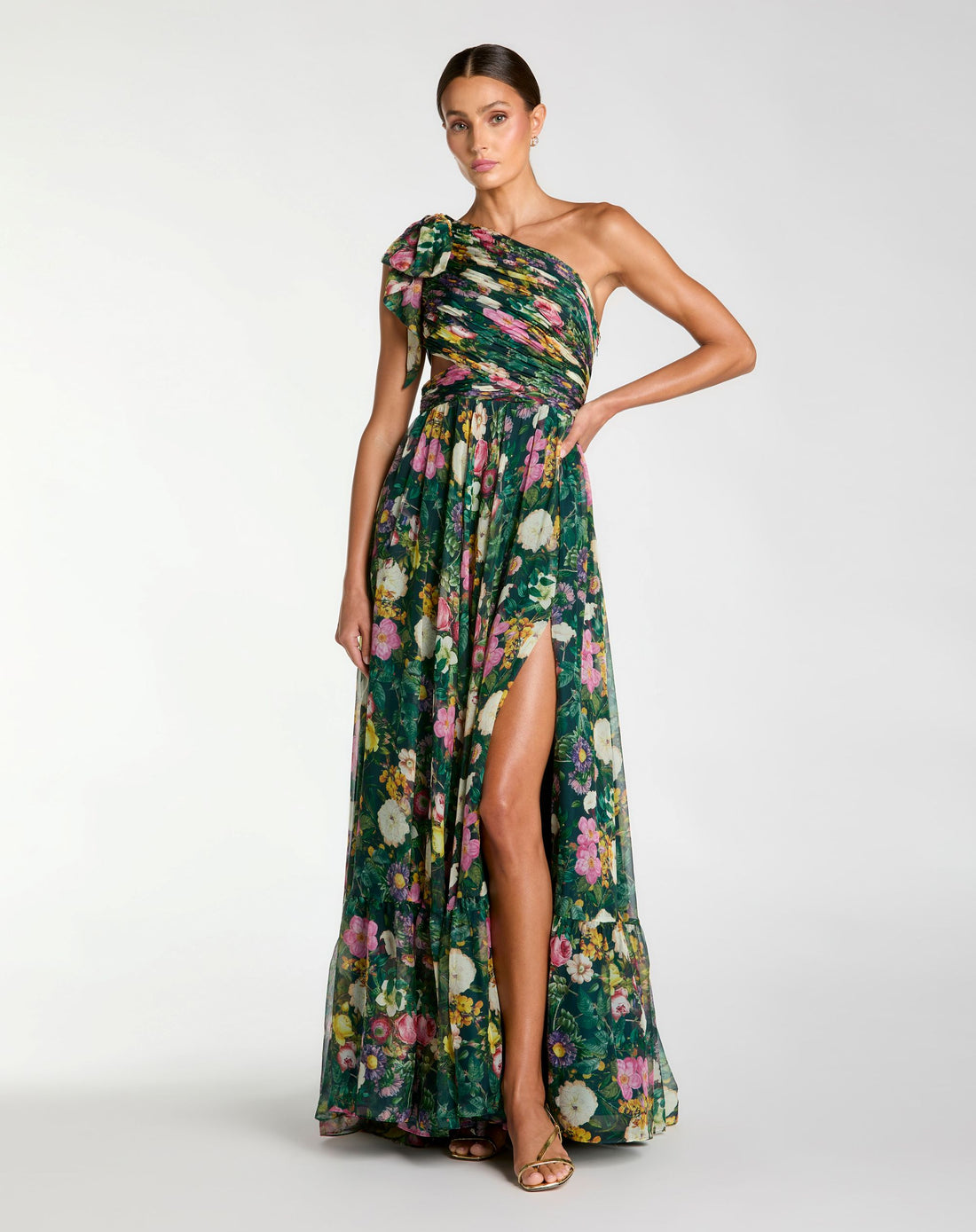 Green Floral Printed Chiffon Side Cut Out One Shoulder Gown - Ieena for Mac Duggal