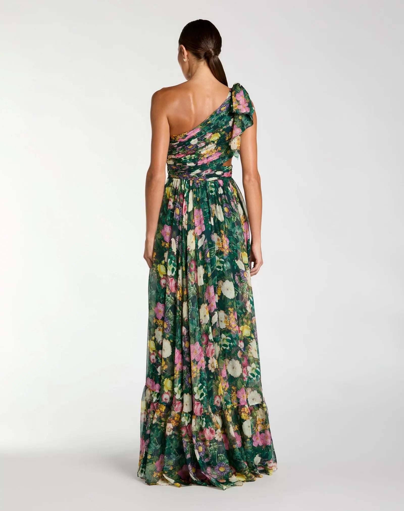 Green One Shoulder Floral Printed Chiffon Side Cut Out Gown | Mac Duggal Green One Shoulder Floral Printed Chiffon Side Cut Out Gown | Mac Duggal