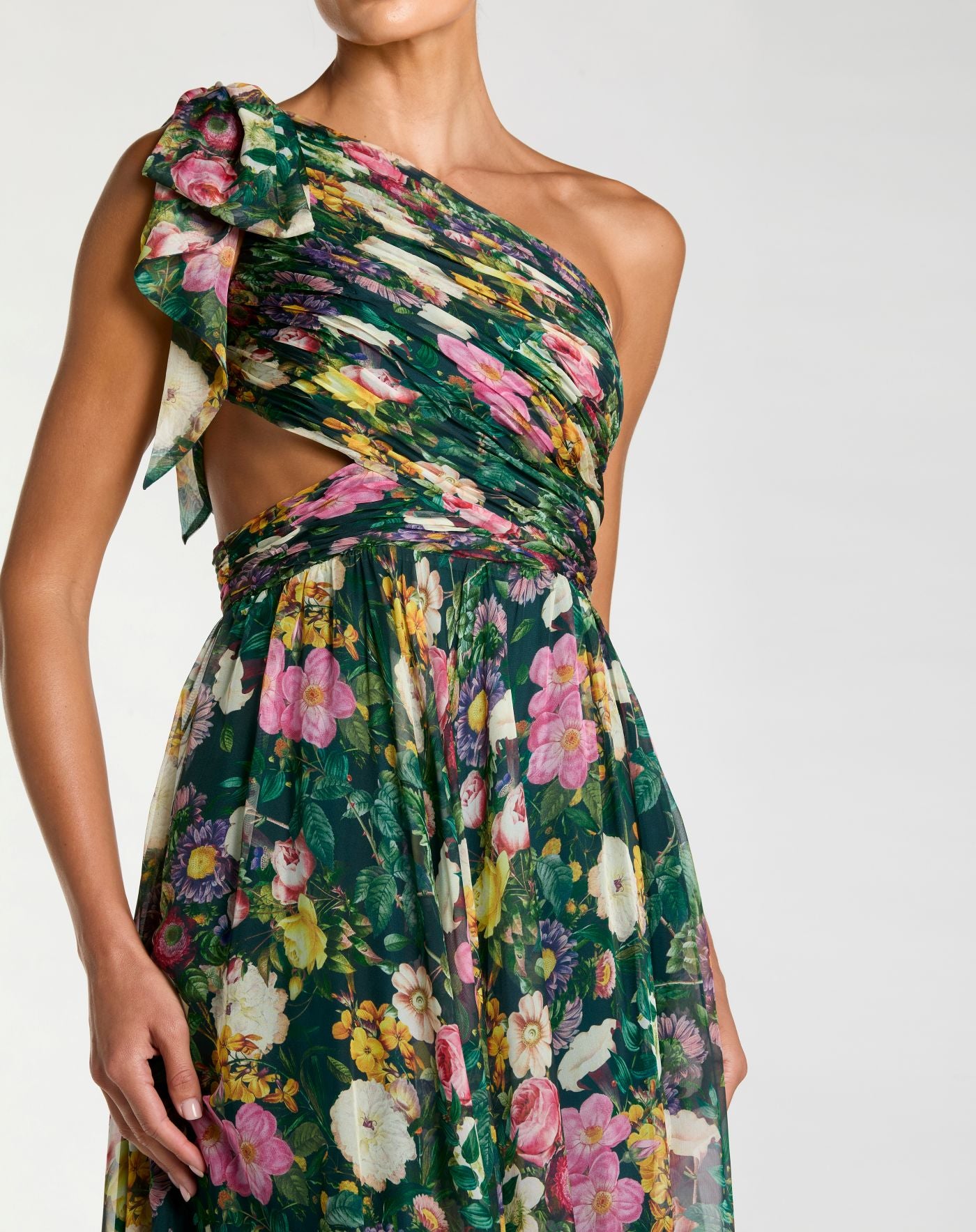 Green Floral Printed Chiffon Side Cut Out One Shoulder Gown - Ieena for Mac Duggal