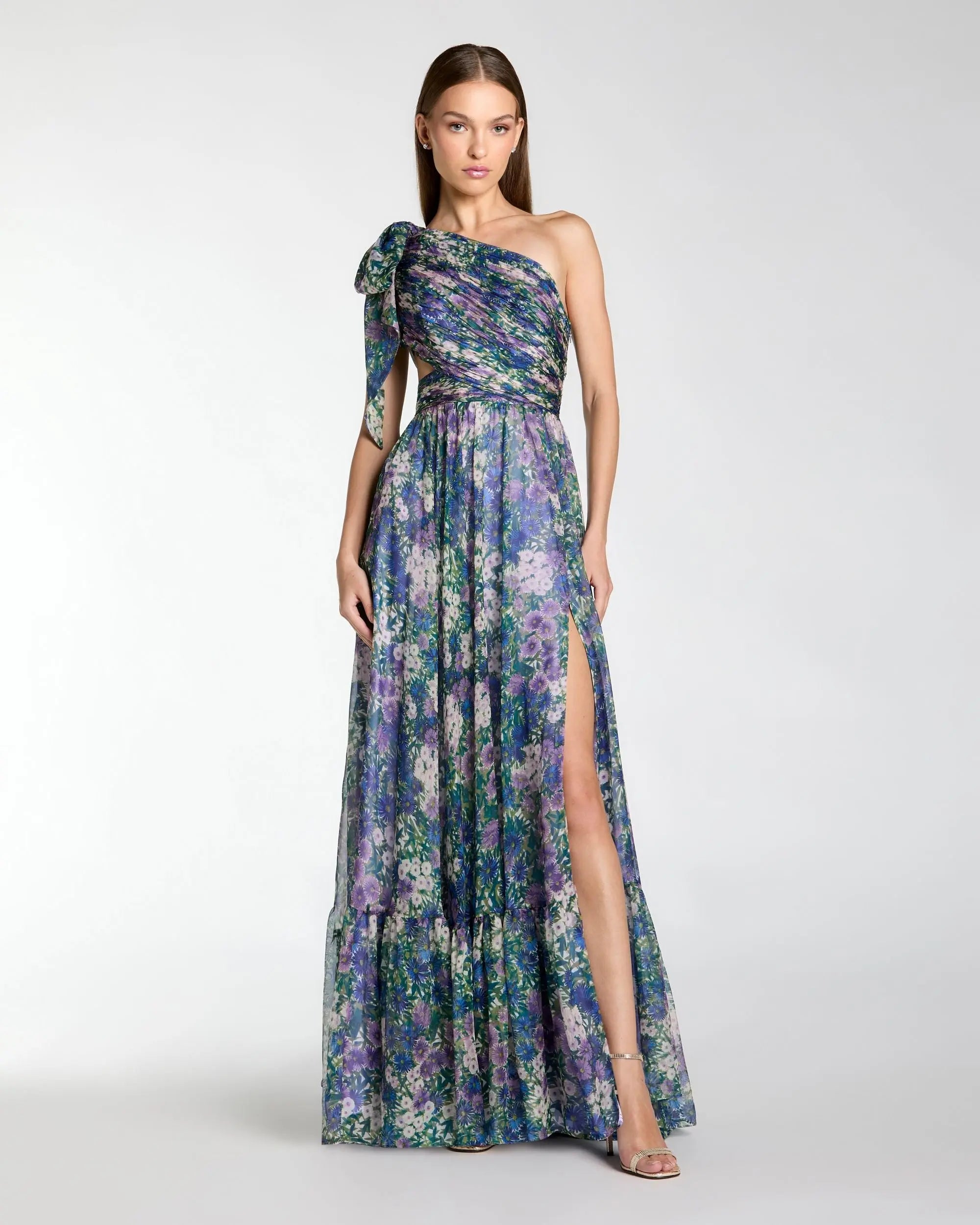 Purple One Shoulder Floral Printed Chiffon Side Cut Out Gown Ieena for Mac Duggal
