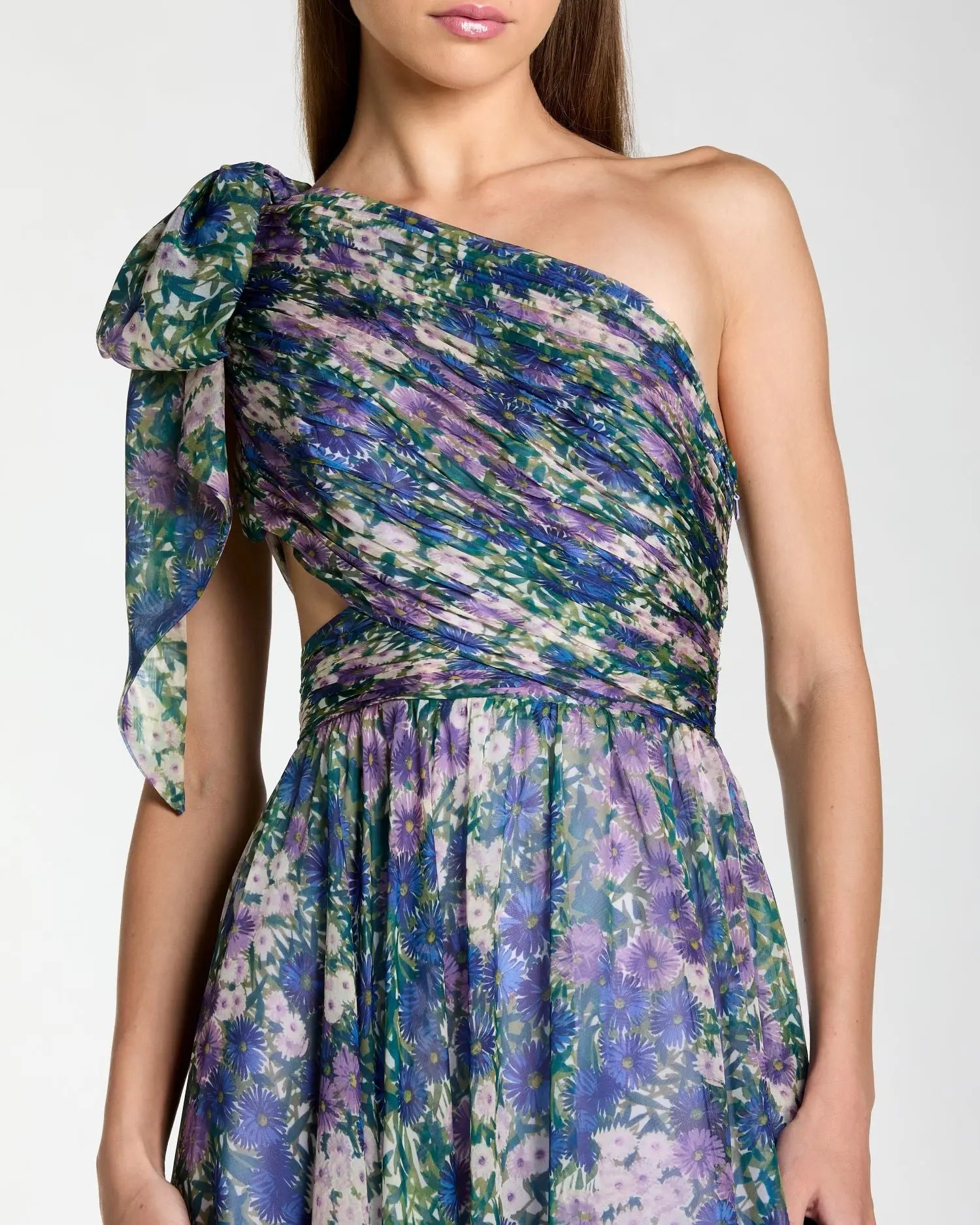 open lace back dress Purple One Shoulder Floral Printed Chiffon Side Cut Out Gown