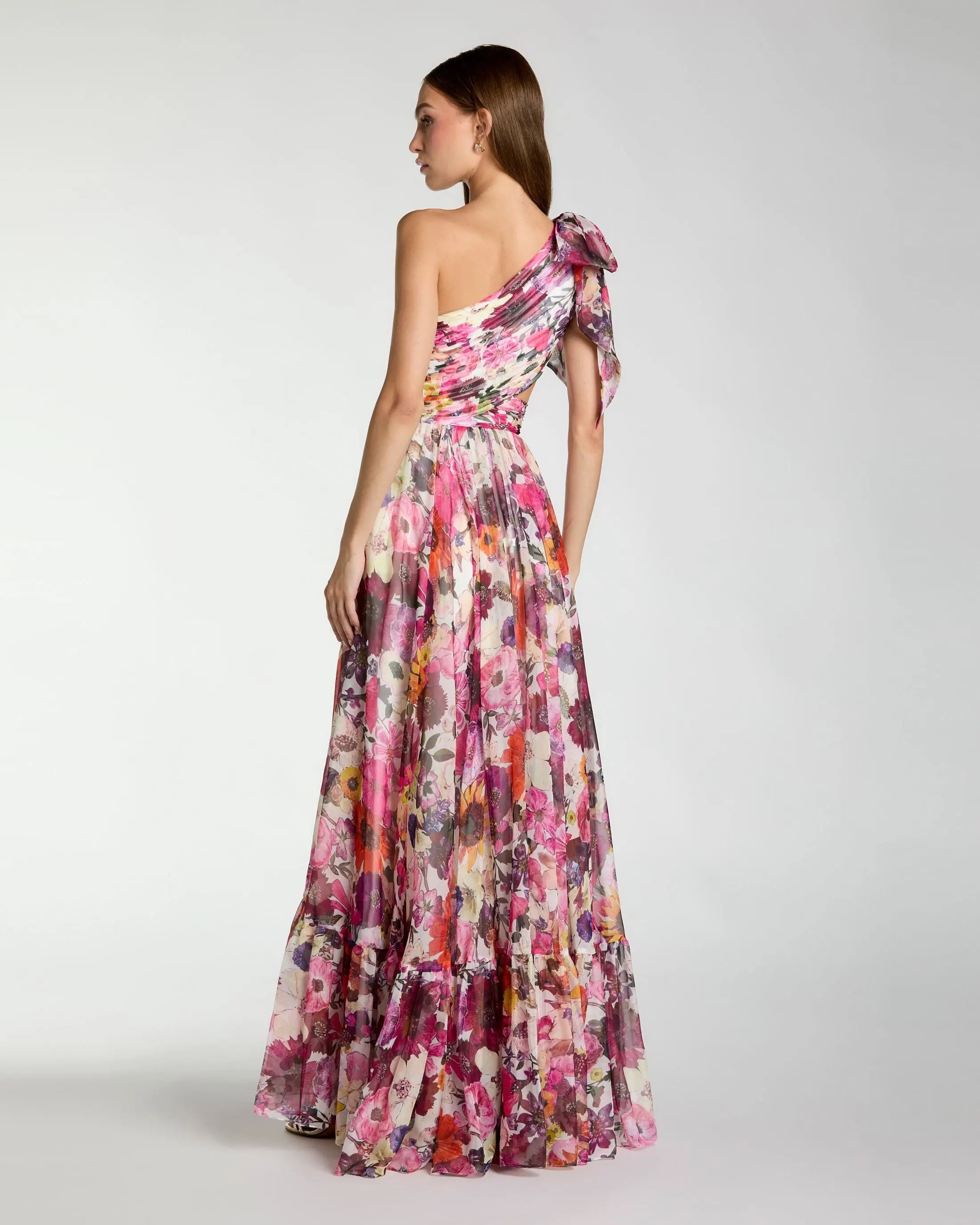 Multicolor One Shoulder Floral Printed Chiffon Side Cut Out Gown Ieena for Mac Duggal