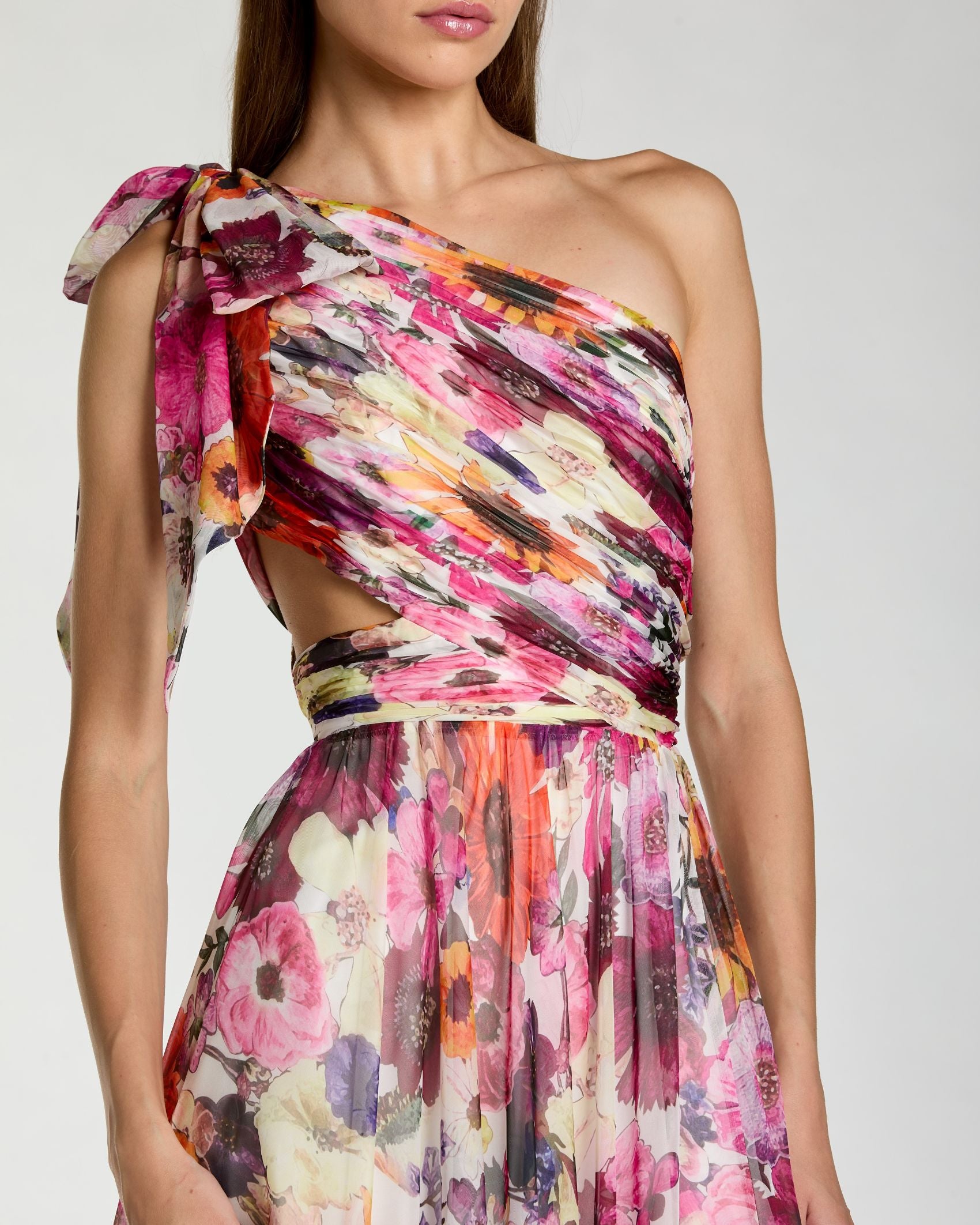 Multicolor One Shoulder Floral Printed Chiffon Side Cut Out Gown Ieena for Mac Duggal