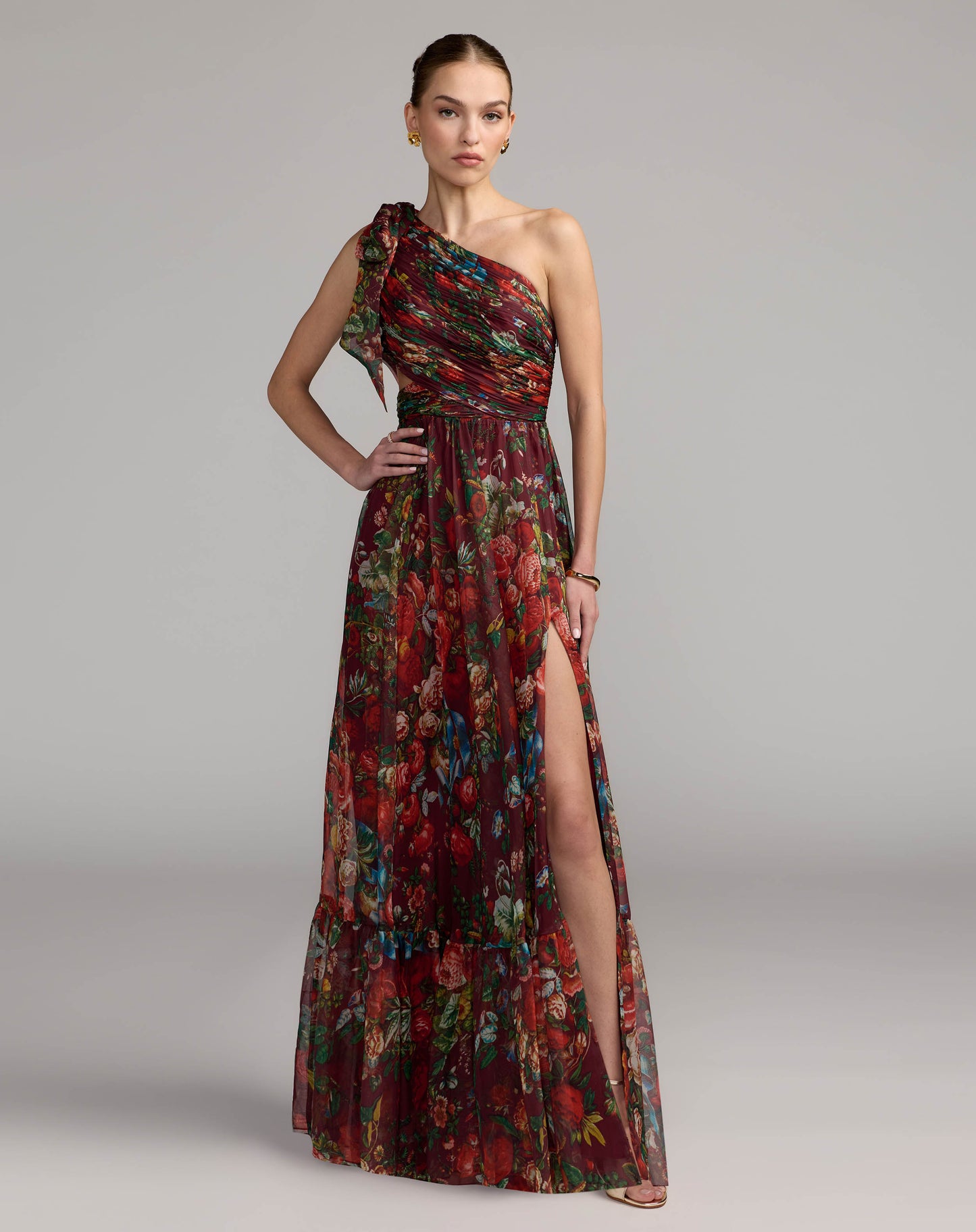 One Shoulder Floral Printed Chiffon Side Cut Out Gown