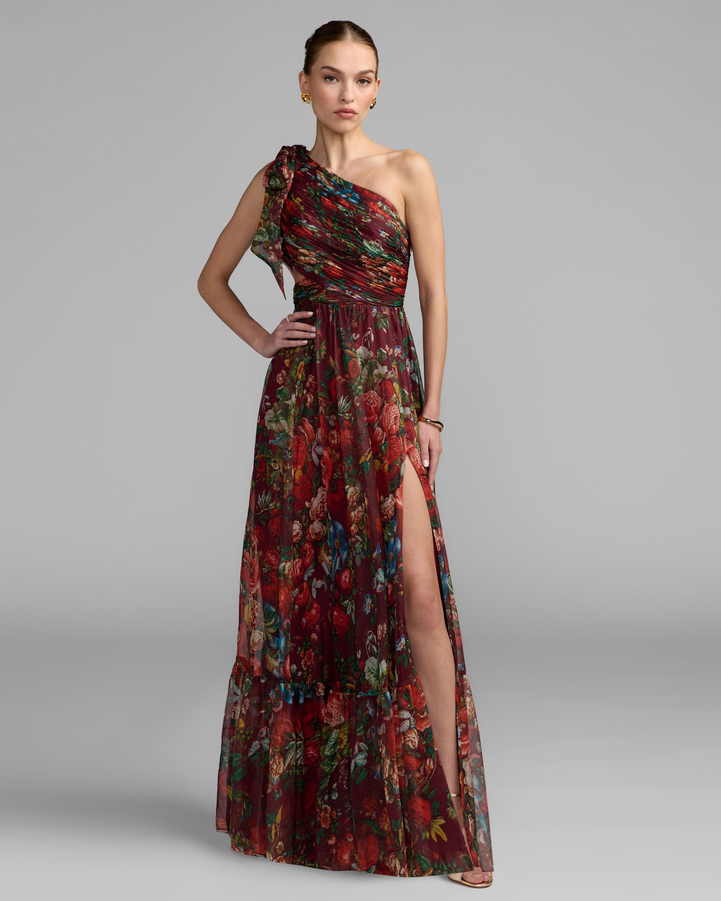 Red One Shoulder Floral Printed Chiffon Side Cut Out Gown Ieena for Mac Duggal