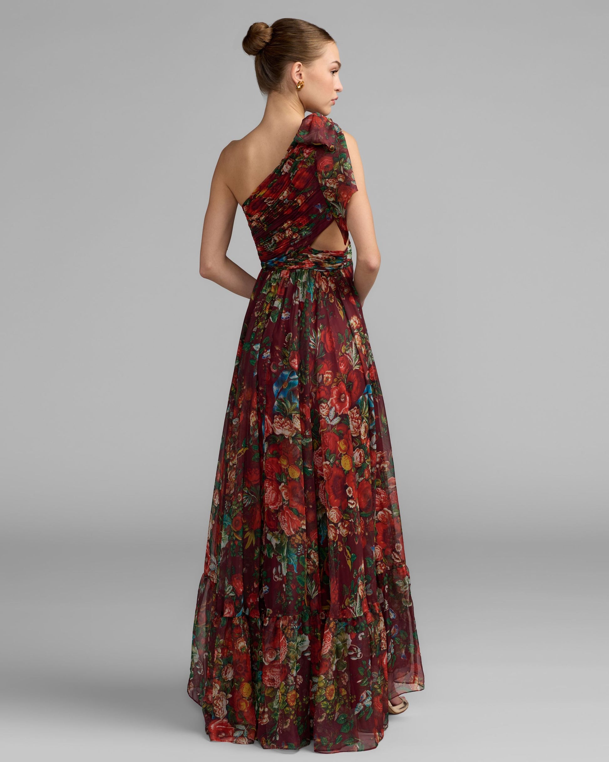 Burgundy One Shoulder Floral Printed Chiffon Side Cut Out Gown