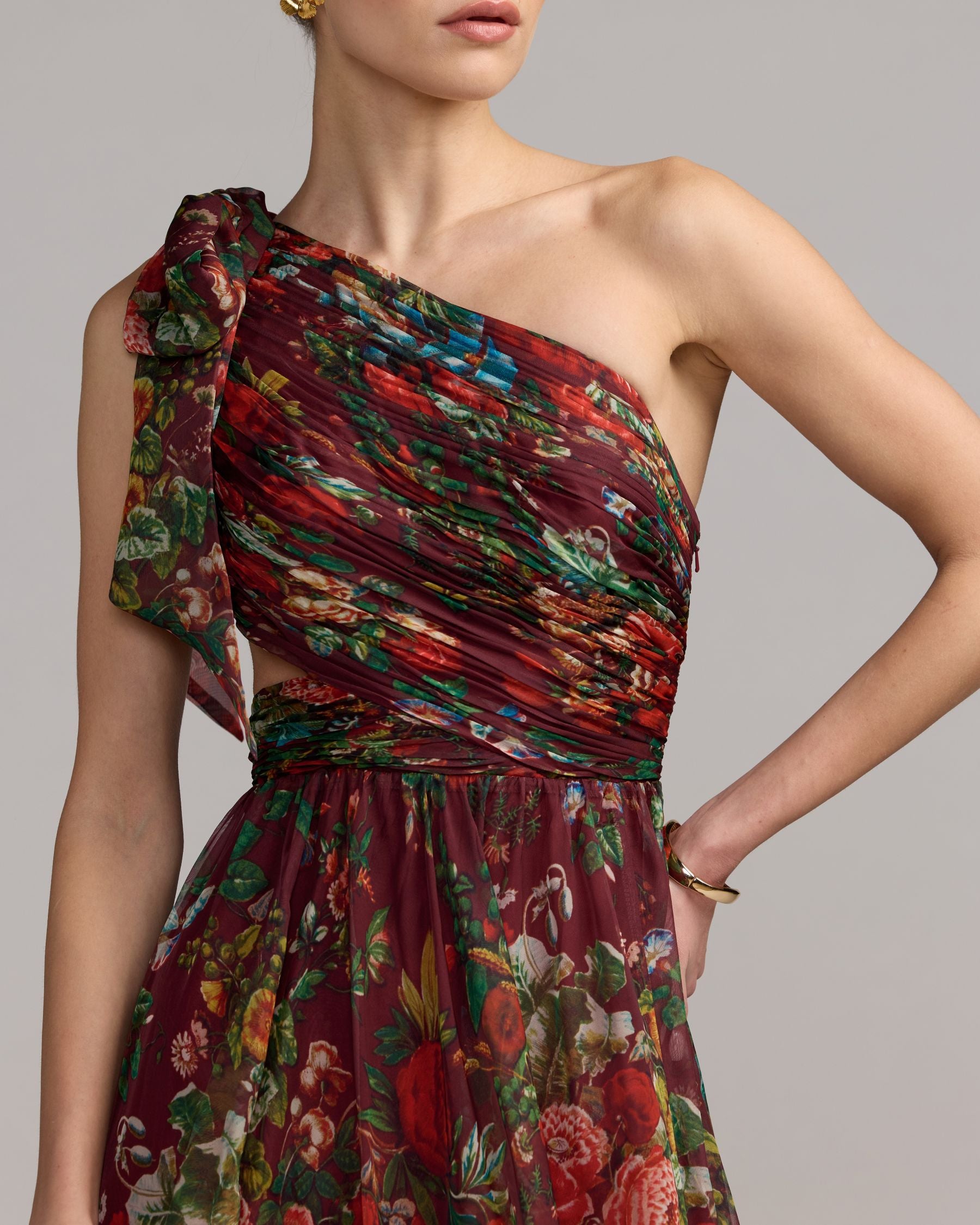 Burgundy One Shoulder Floral Printed Chiffon Side Cut Out Gown