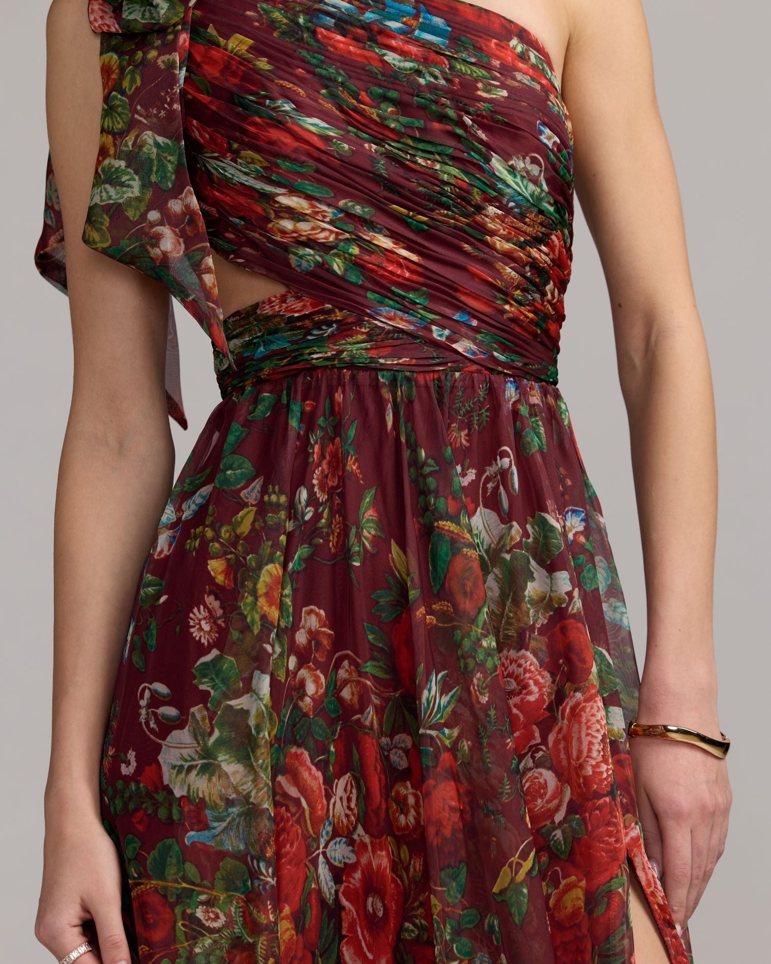 Red One Shoulder Floral Printed Chiffon Side Cut Out Gown Ieena for Mac Duggal