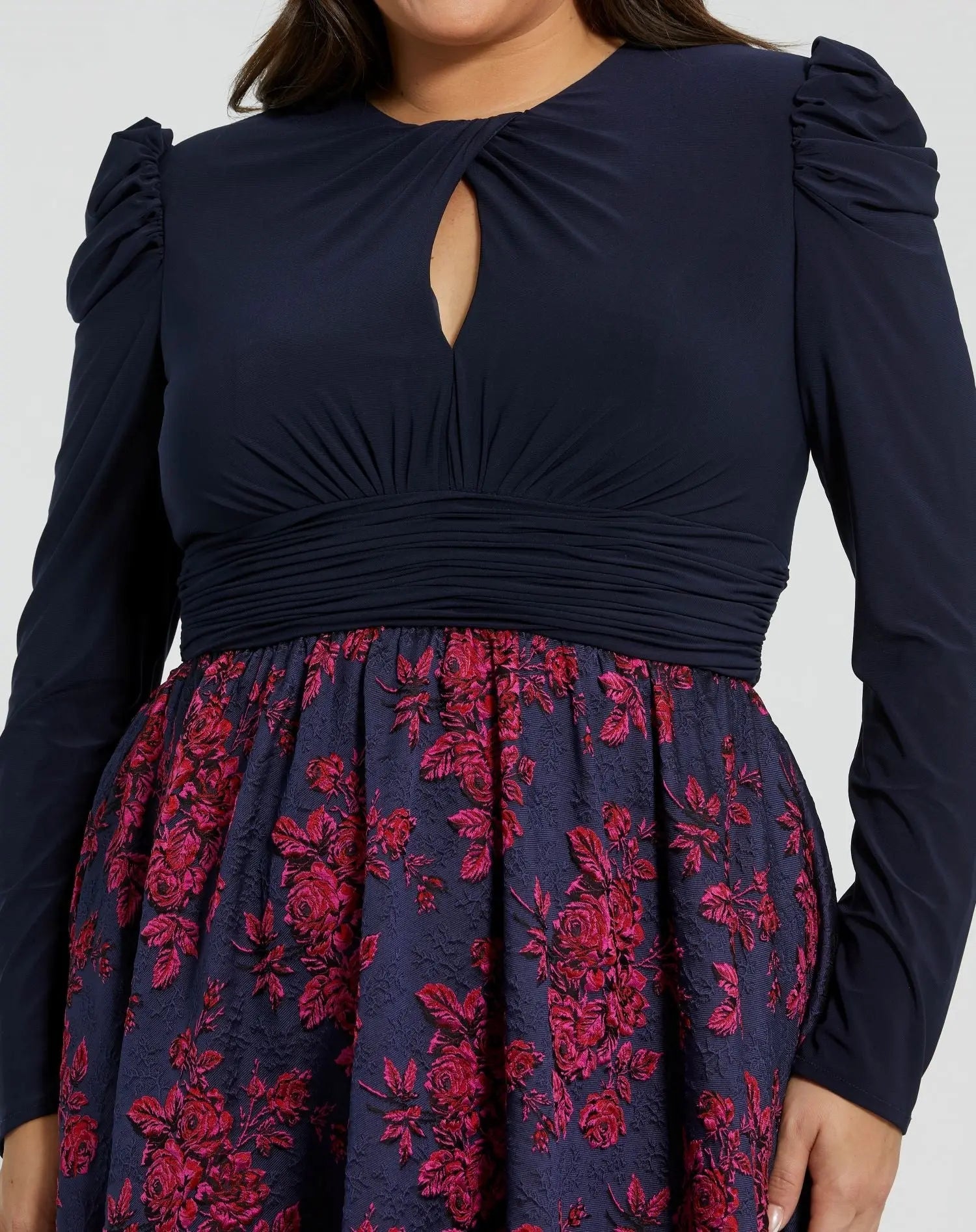 Blue Long Sleeve Keyhole Knot Neck Floral Bottom Gown - Mac Duggal