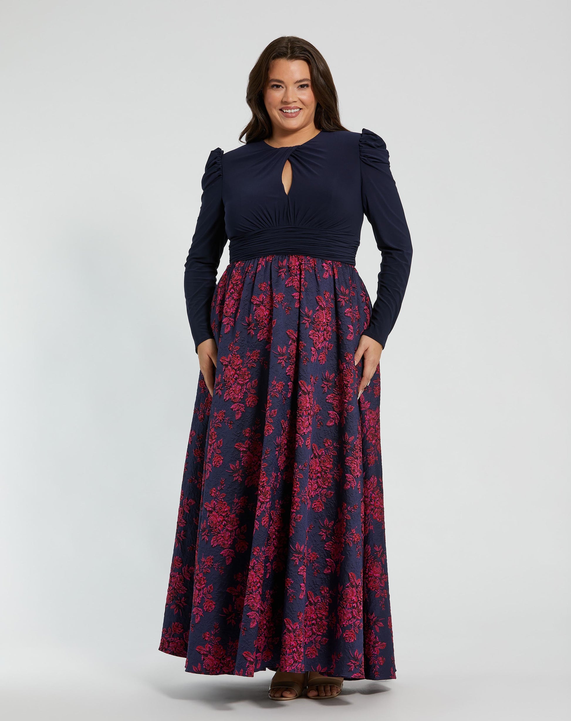 Long Sleeve Keyhole Knot Neck Floral Bottom Gown