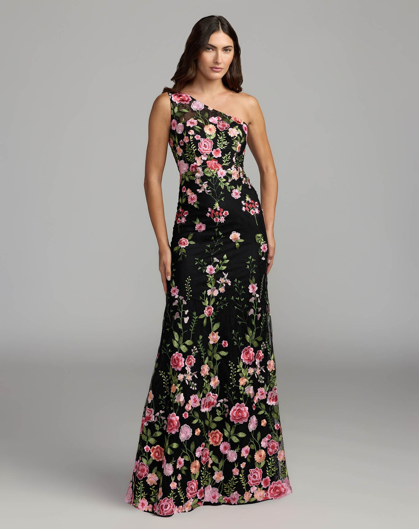 Black One Shoulder Floral Embroidered Gown - Mac Duggal