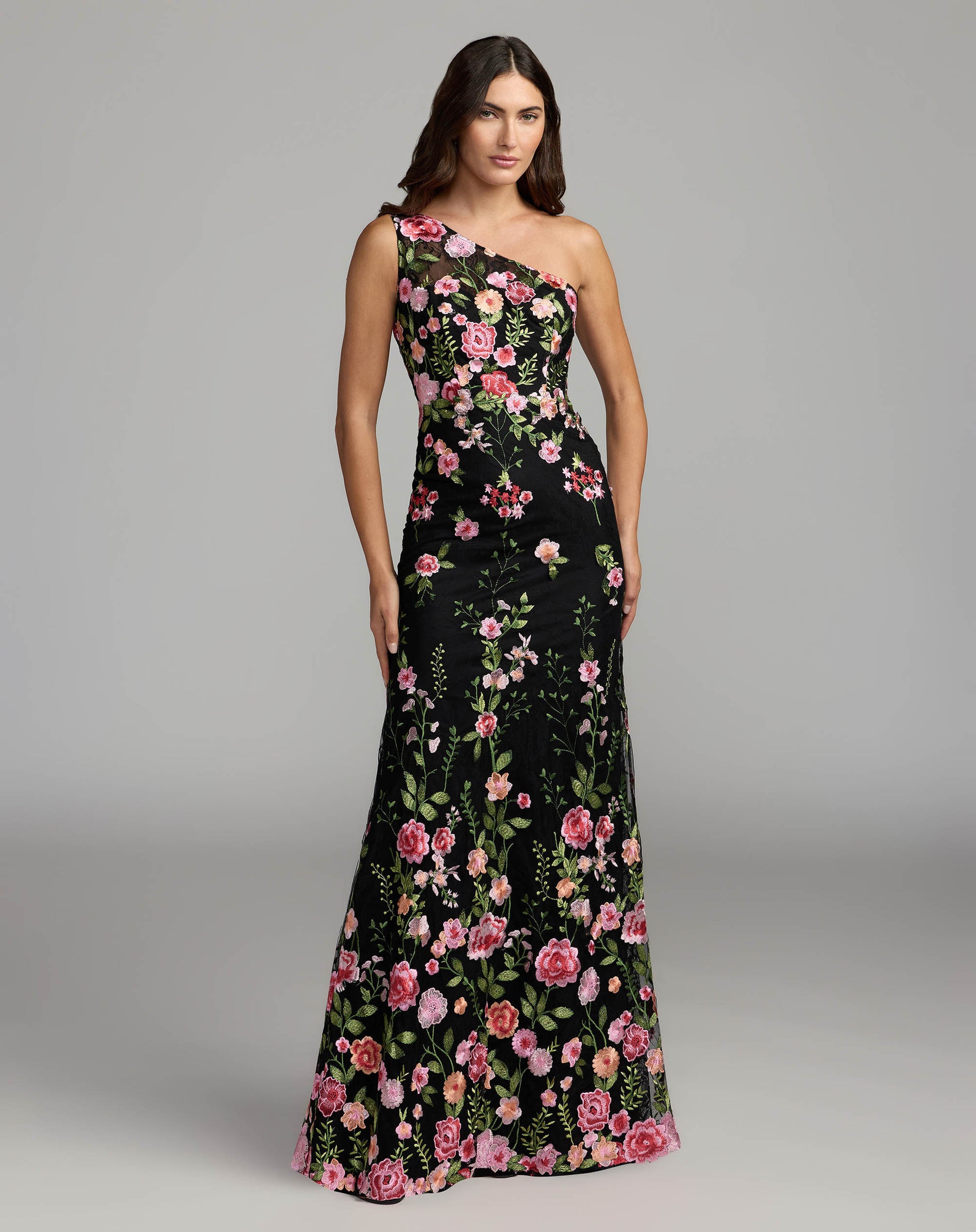 Black One Shoulder Floral Embroidered Gown - Mac Duggal