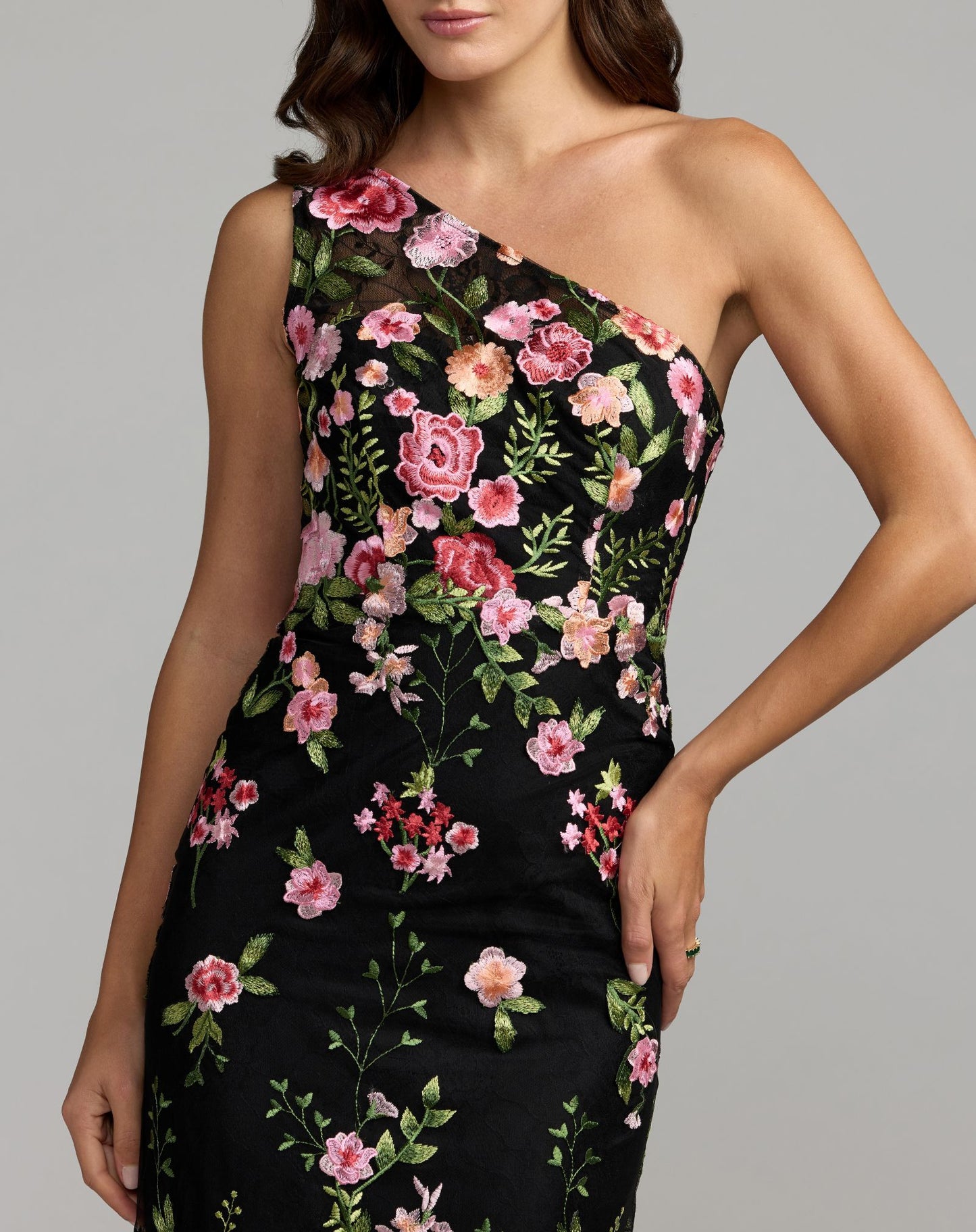 Black One Shoulder Floral Embroidered Gown - Mac Duggal