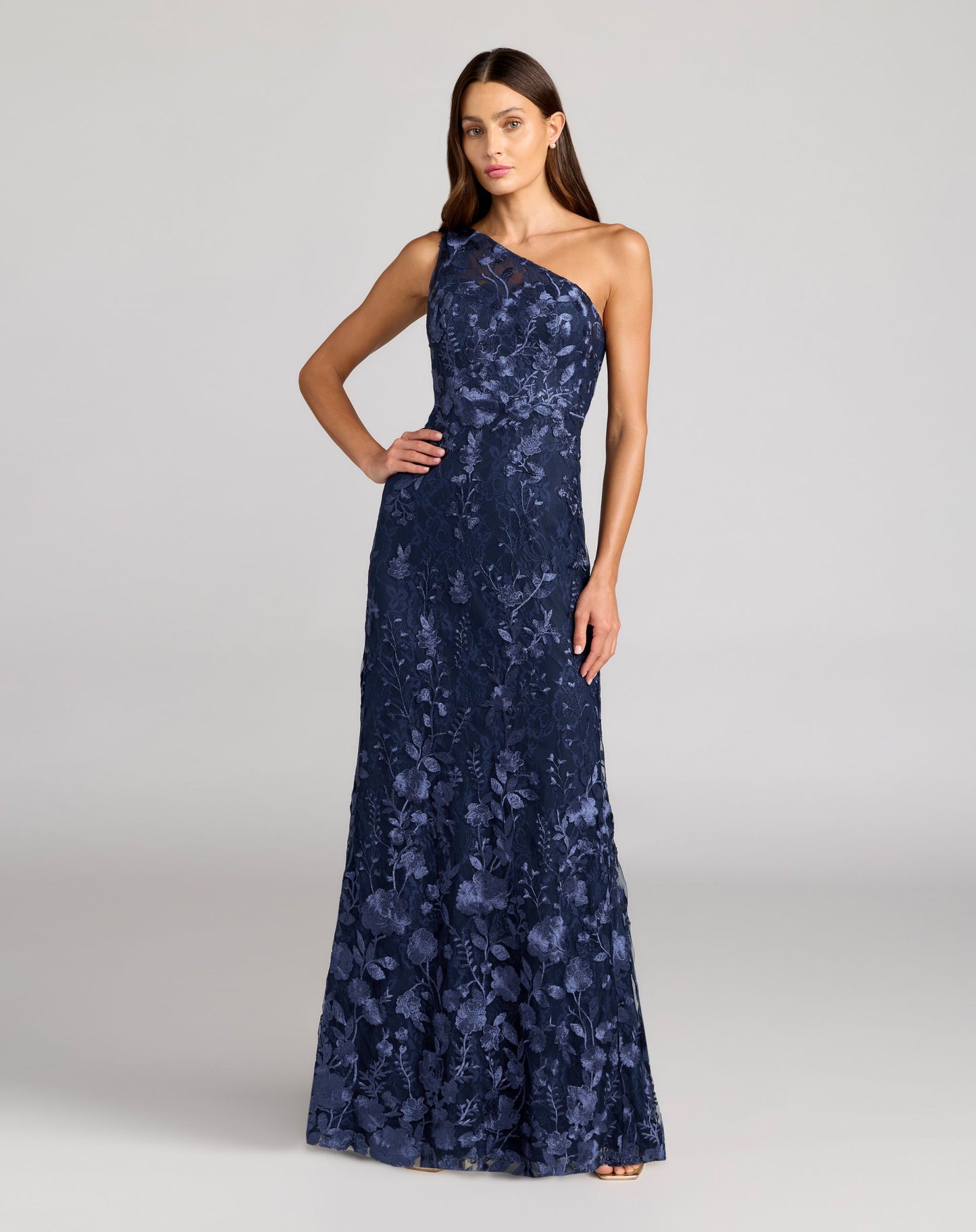 Navy One Shoulder Floral Embroidered Gown - Mac Duggal