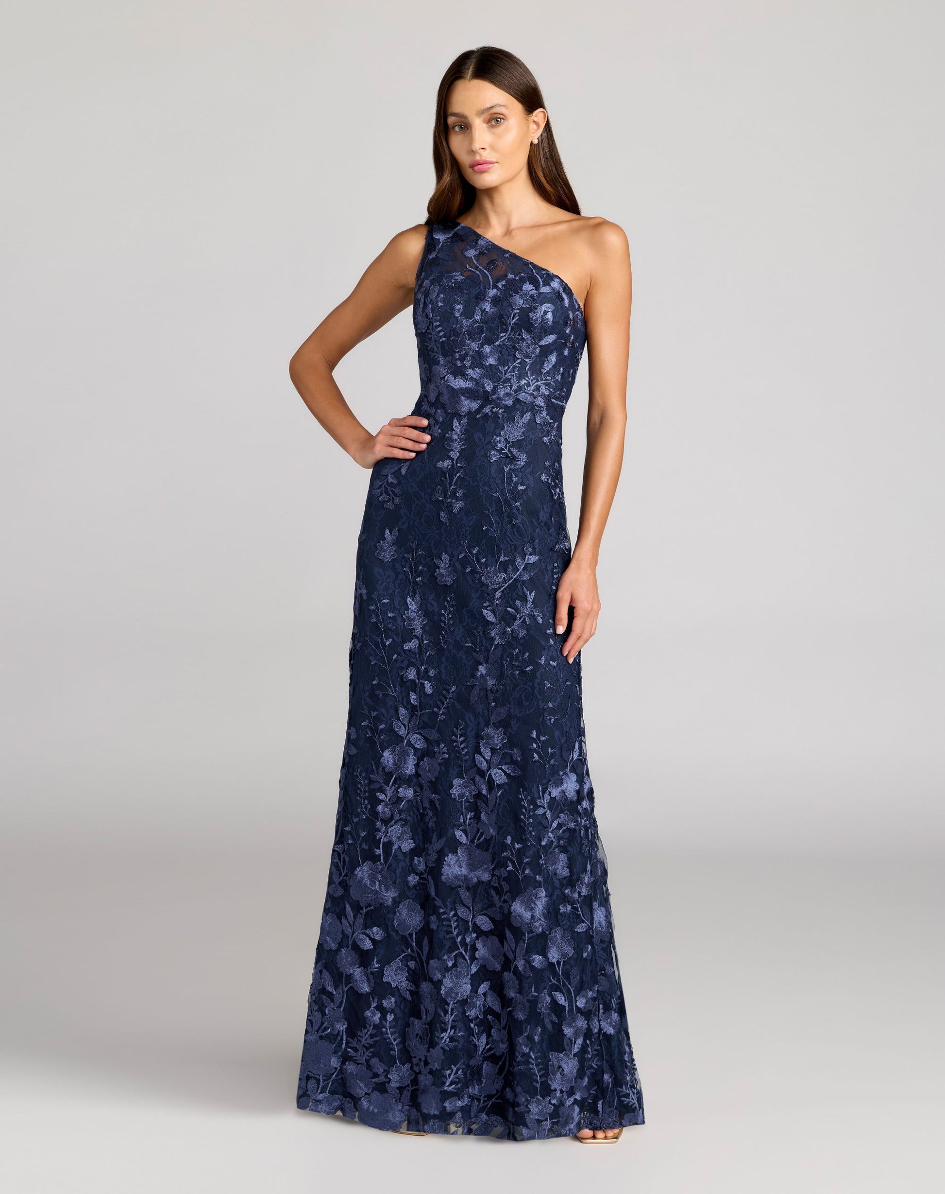 Navy One Shoulder Floral Embroidered Gown - Mac Duggal