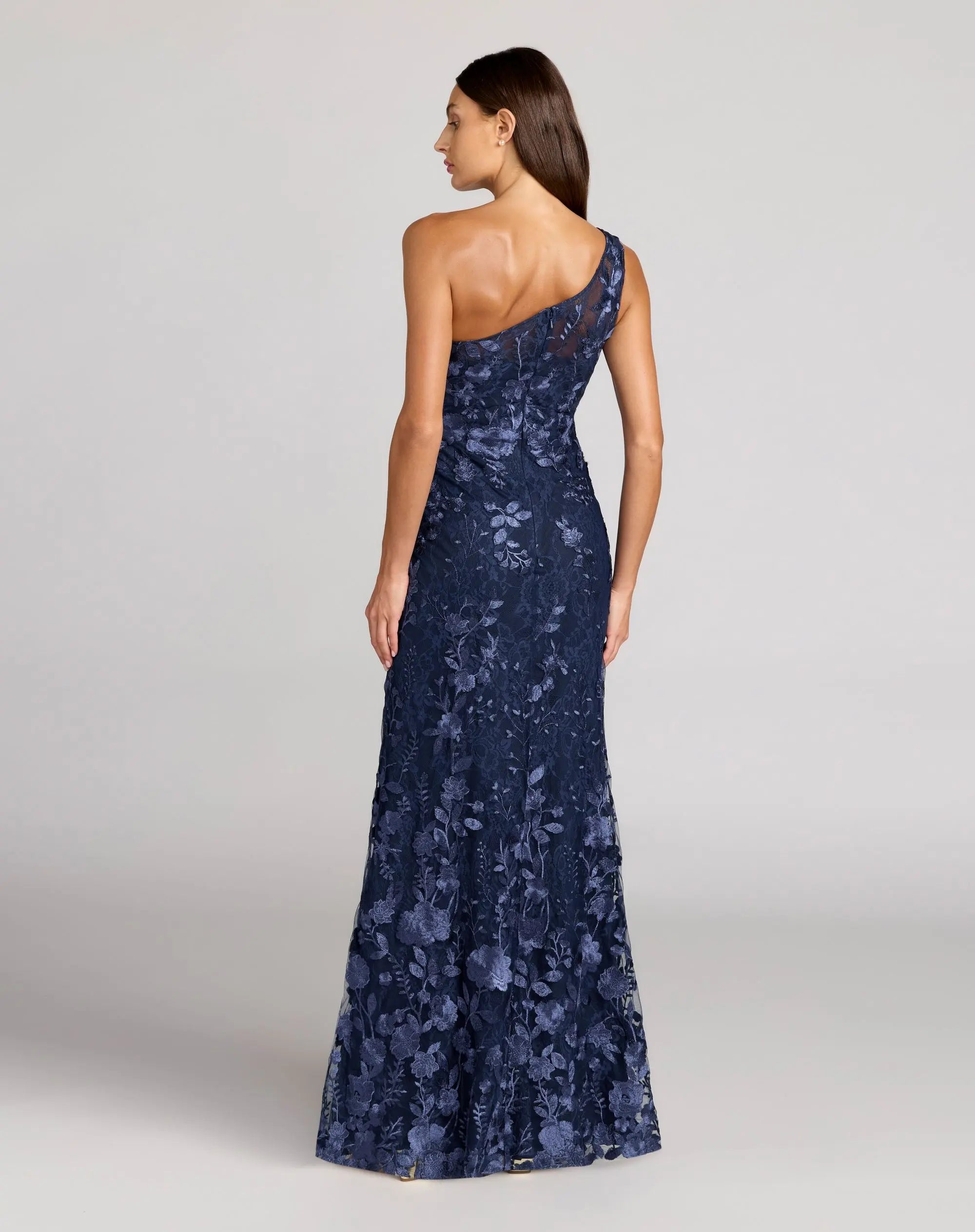 Navy One Shoulder Floral Embroidered Gown - Mac Duggal