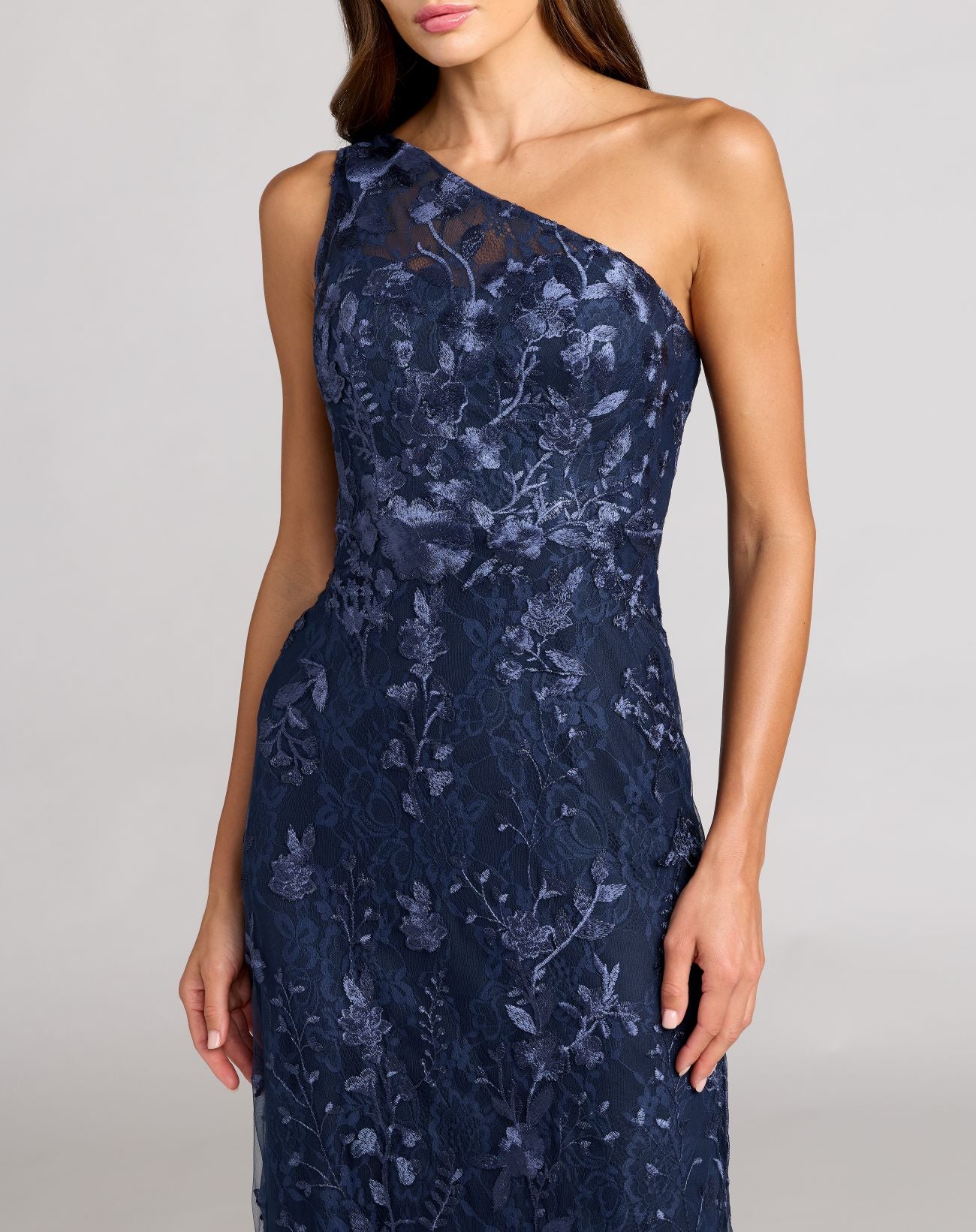 Navy One Shoulder Floral Embroidered Gown - Mac Duggal