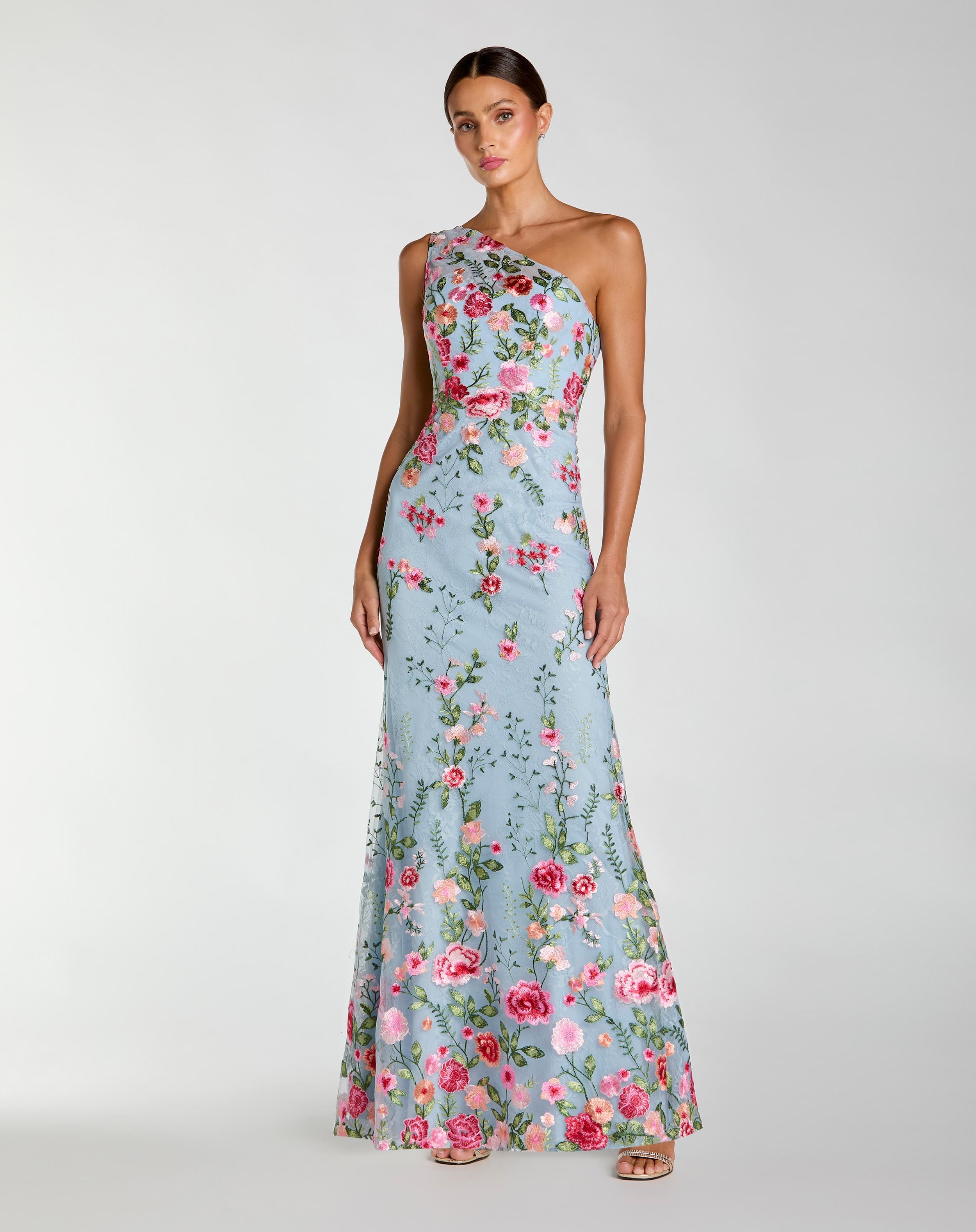 Blue One Shoulder Floral Embroidered Gown Mac Duggal