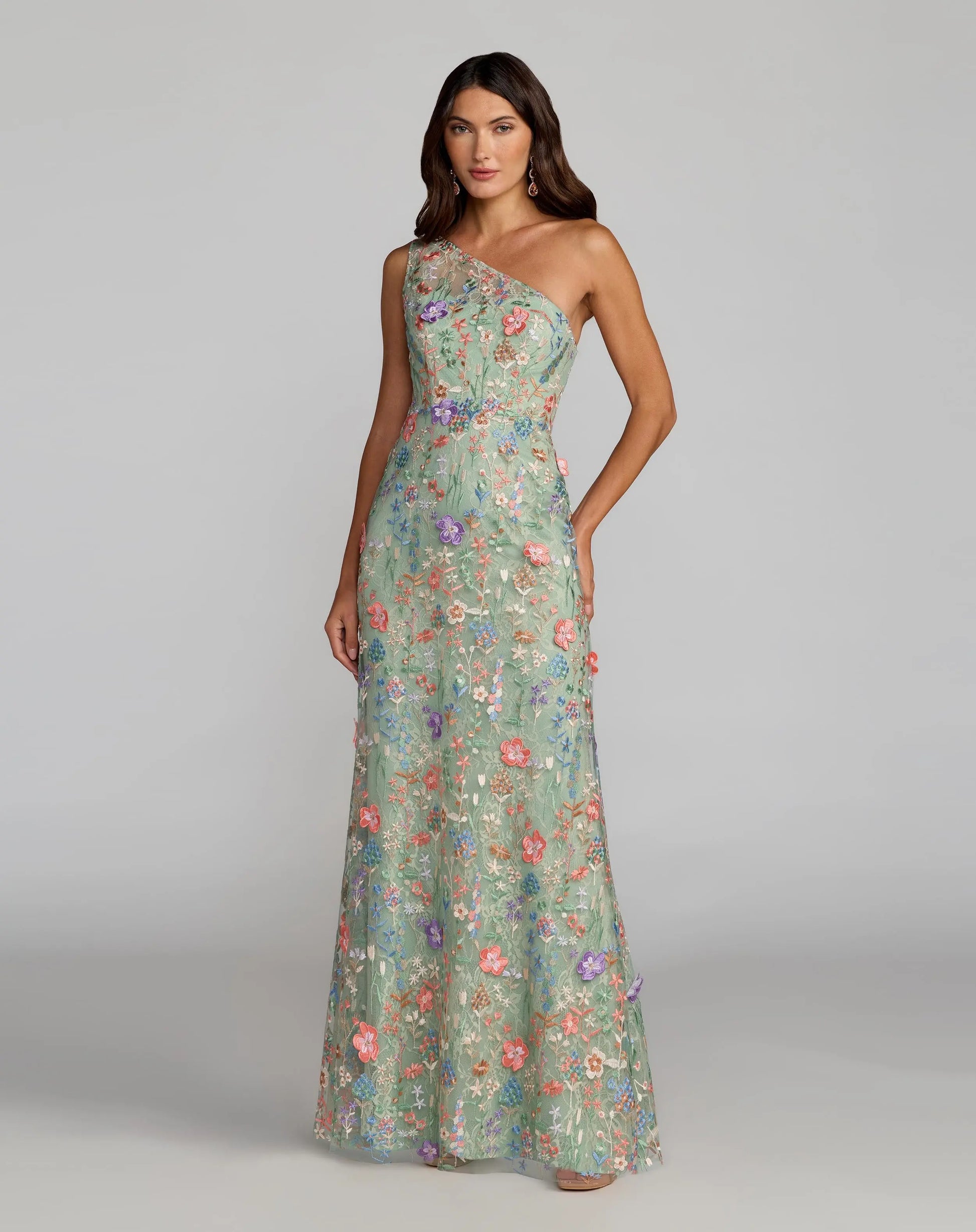 Green One Shoulder Floral Embroidered Gown | Mac Duggal Green One Shoulder Floral Embroidered Gown | Mac Duggal