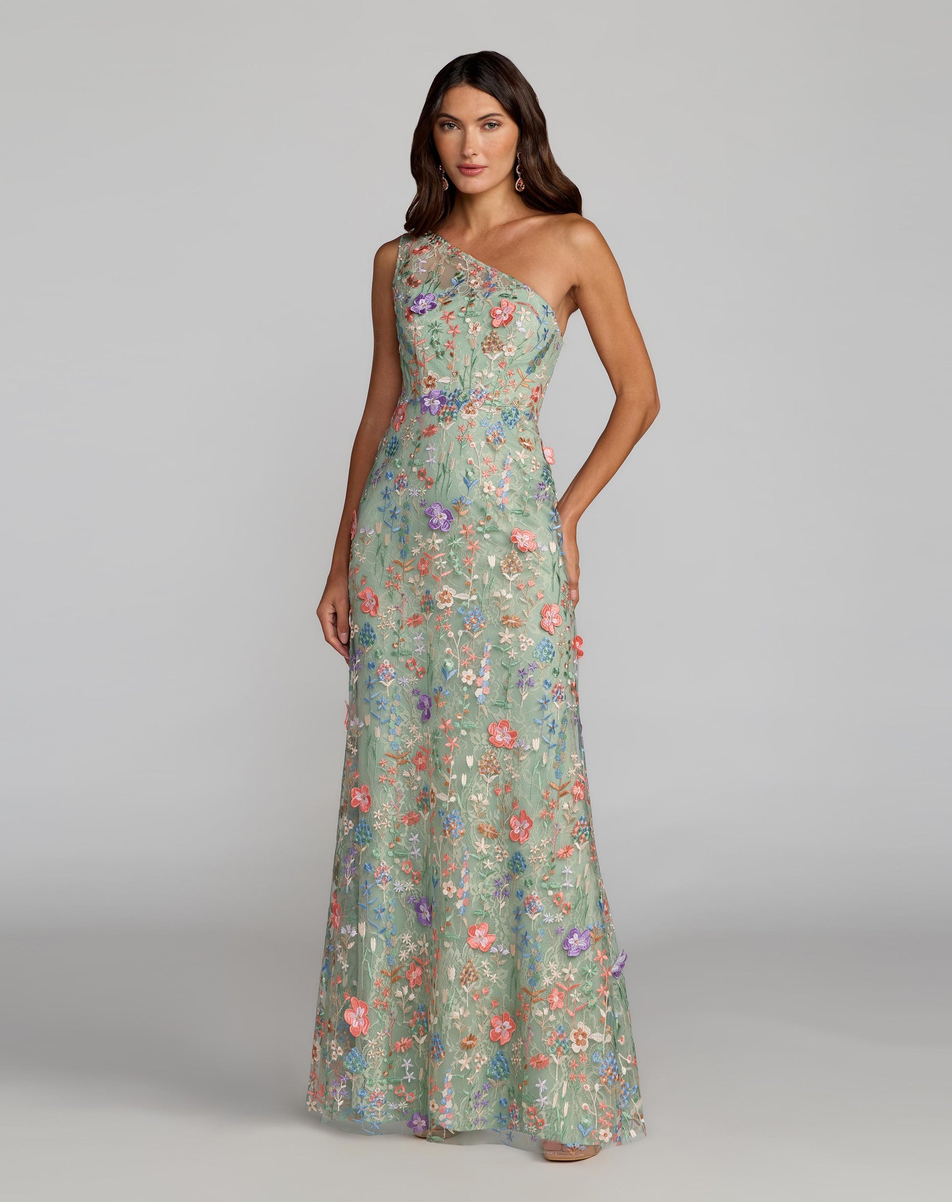 Green One Shoulder Floral Embroidered Gown - Mac Duggal