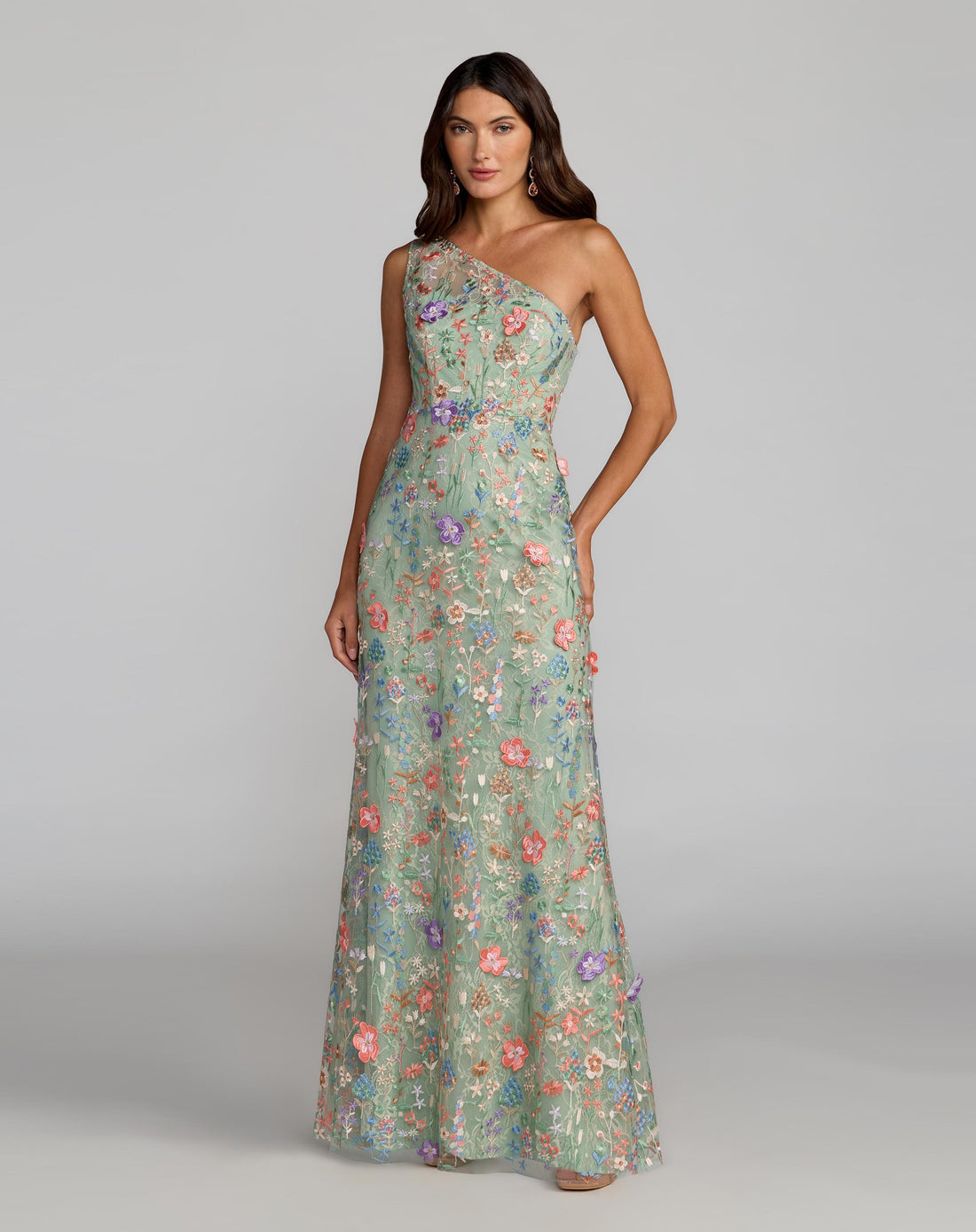 Green One Shoulder Floral Embroidered Gown - Mac Duggal