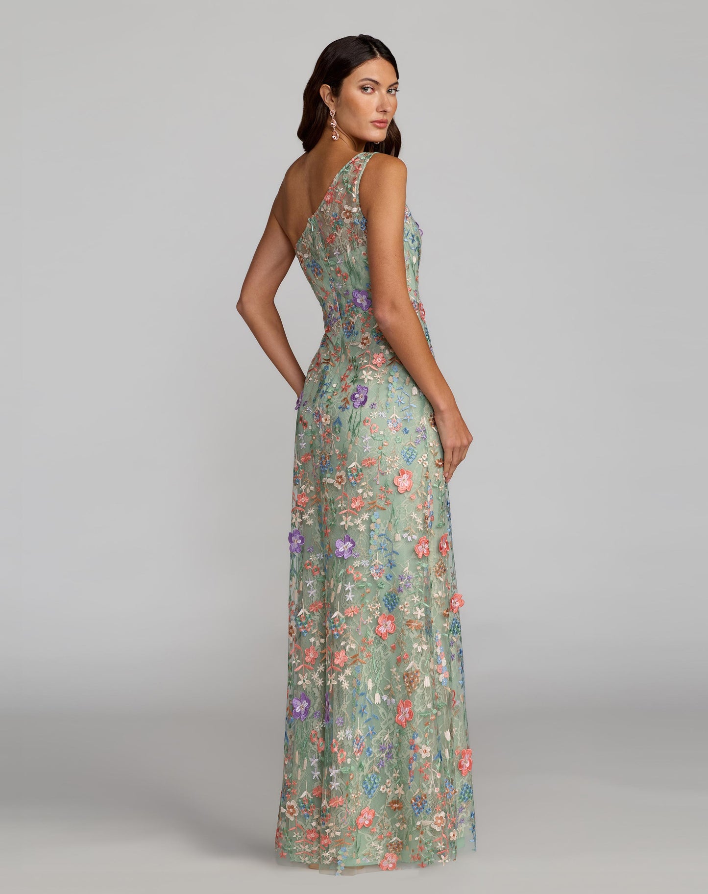 Green One Shoulder Floral Embroidered Gown - Mac Duggal