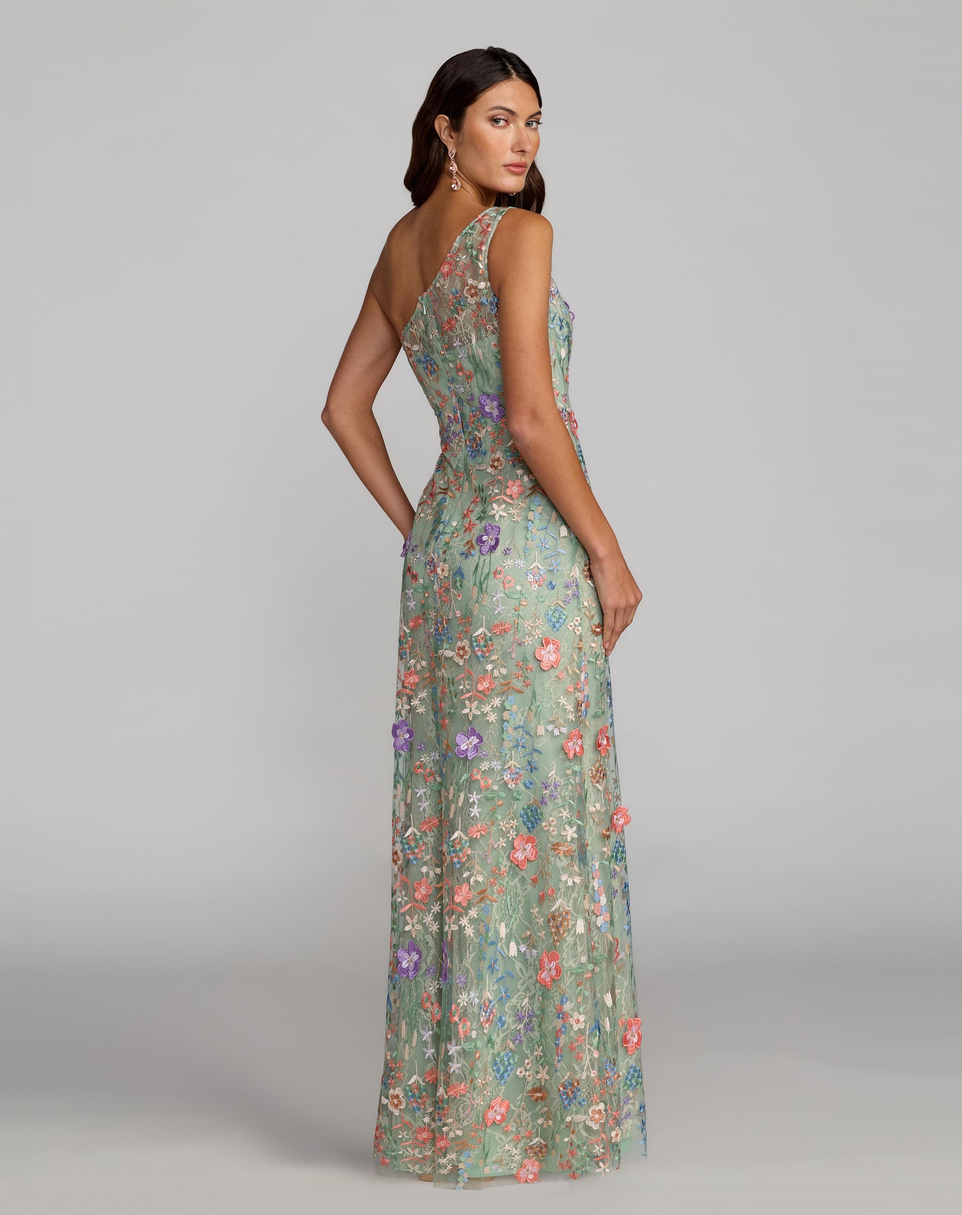 Green One Shoulder Floral Embroidered Gown - Mac Duggal