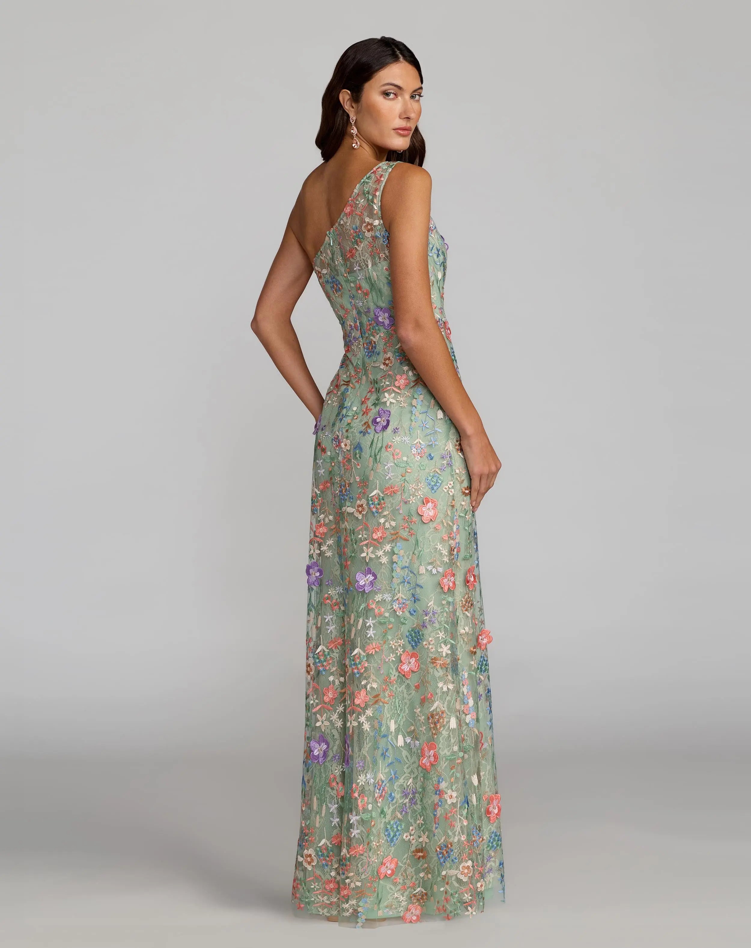 Green One Shoulder Floral Embroidered Gown - Mac Duggal