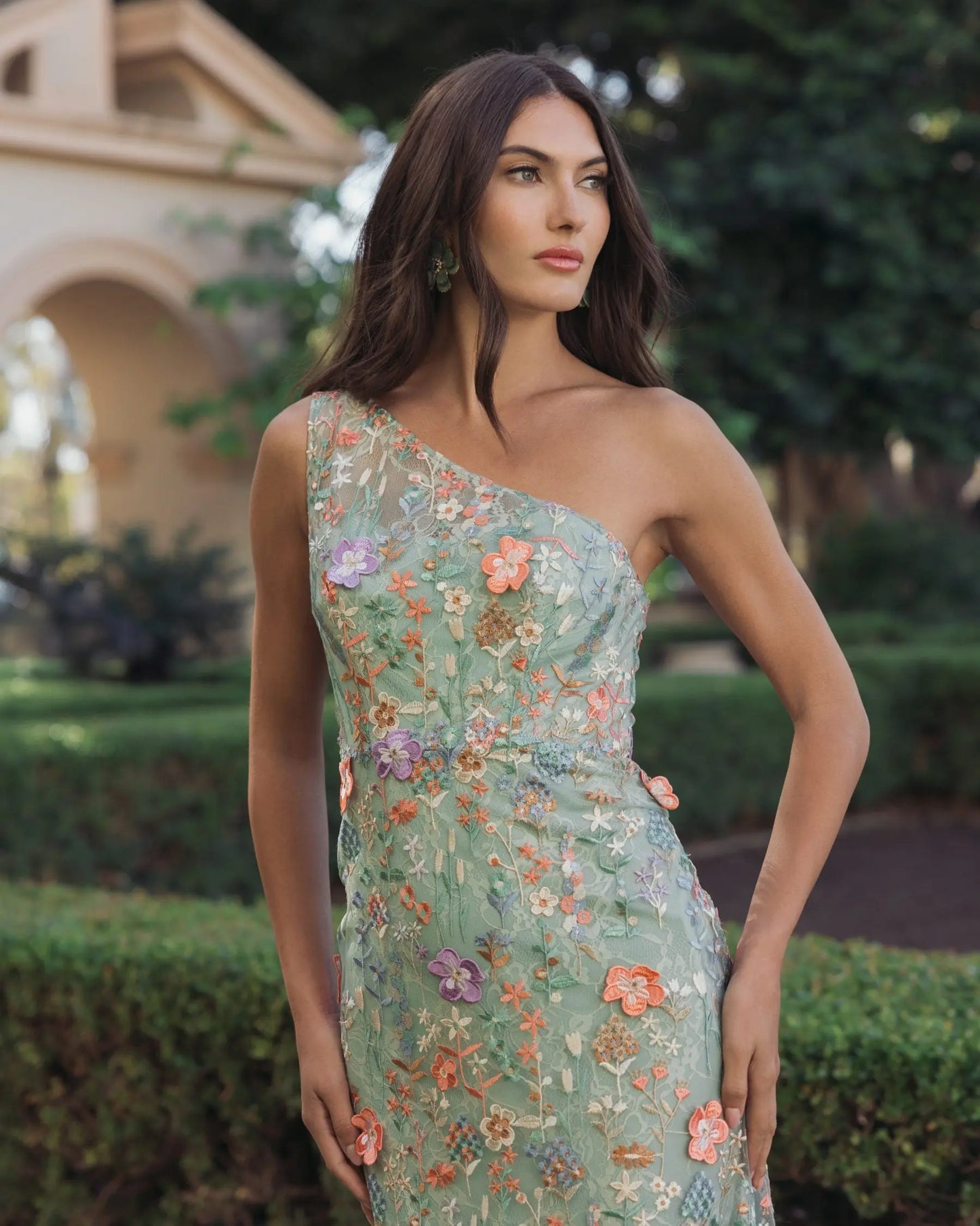 Green One Shoulder Floral Embroidered Gown - Mac Duggal