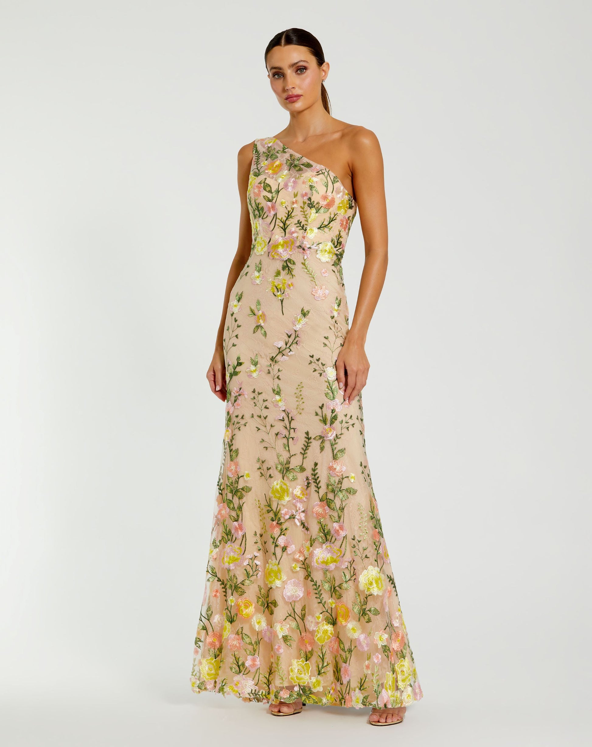 One Shoulder Lace Embroidered Gown