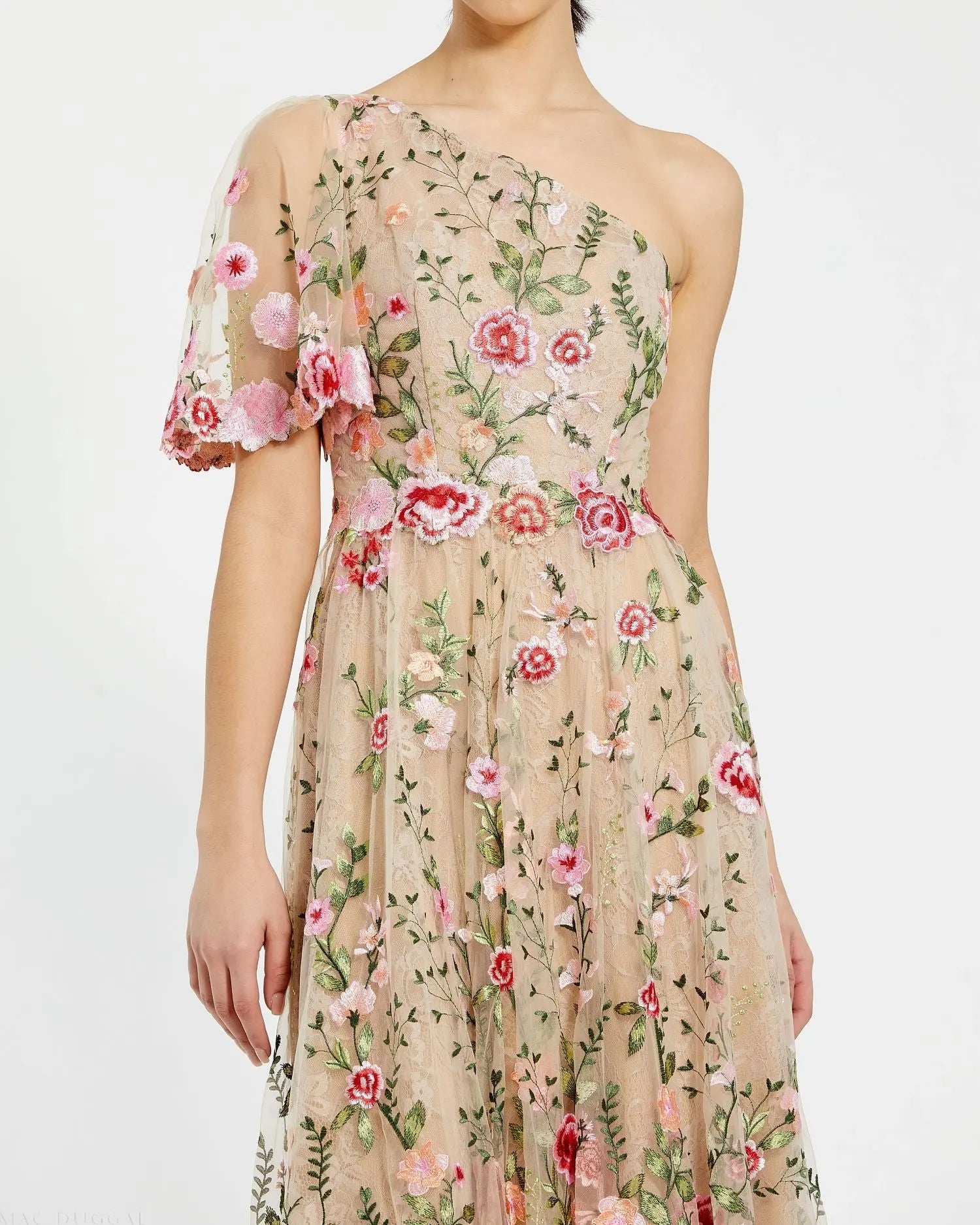 one shoulder lace dress Mac Duggal - Pink One Shoulder Lace Embroidered Dress