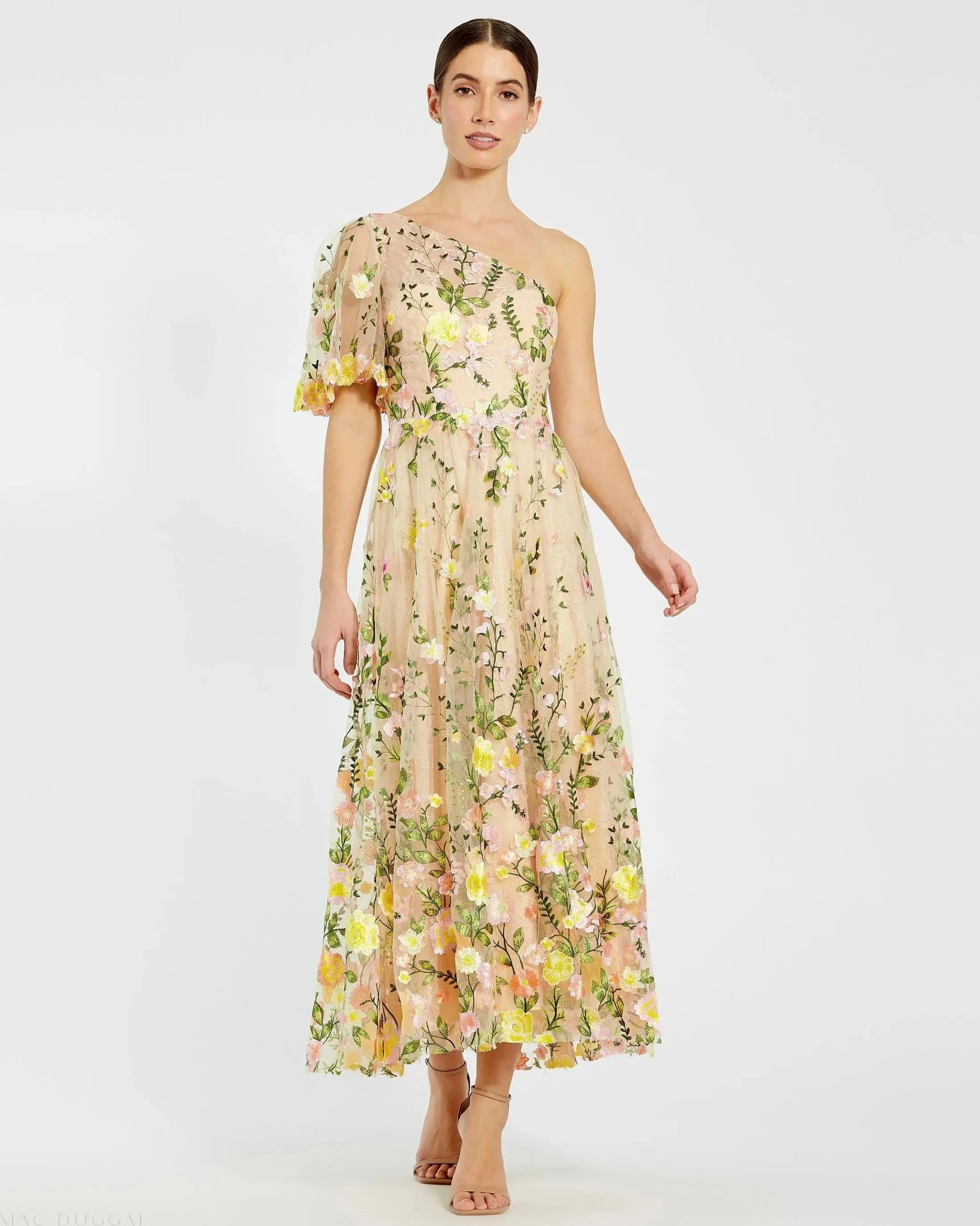 Yellow One Shoulder Lace Embroidered Dress | Mac Duggal Yellow One Shoulder Lace Embroidered Dress | Mac Duggal