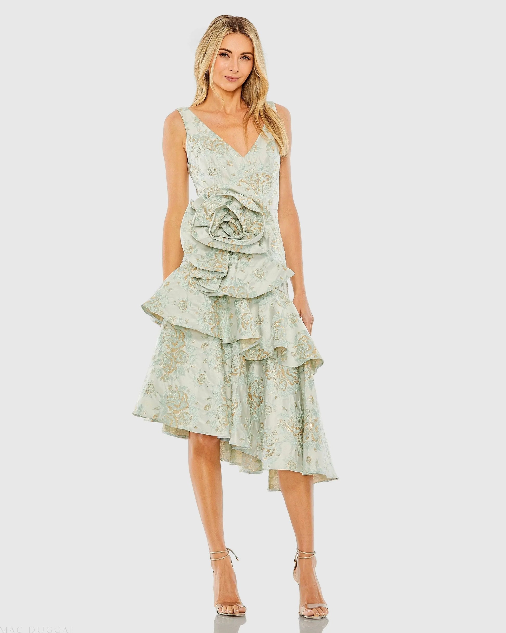 Green Floral Brocade Asymmetrical Dress with Rosette | Mac Duggal Green Floral Brocade Asymmetrical Dress with Rosette | Mac Duggal