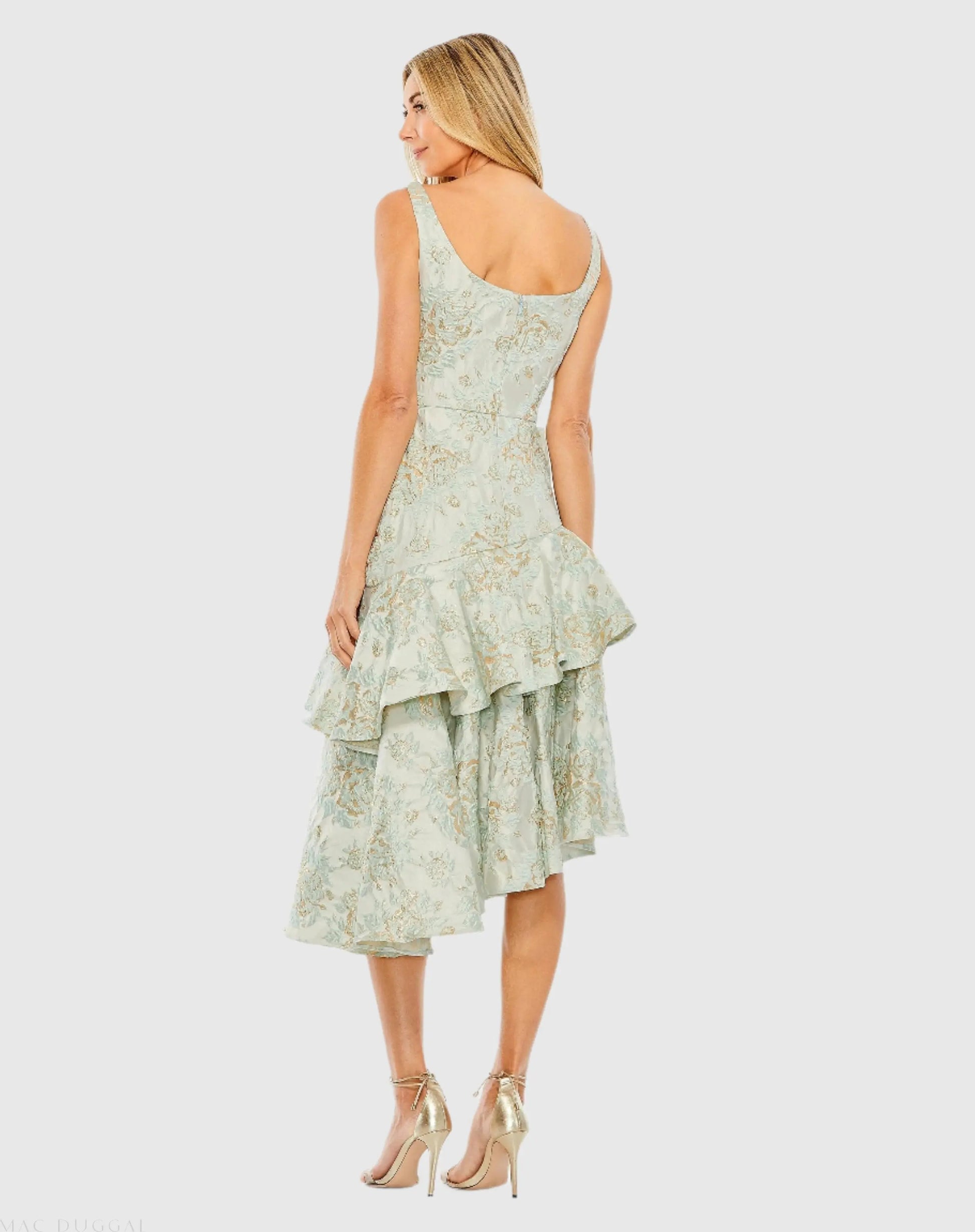 Green Floral Brocade Asymmetrical Dress with Rosette | Mac Duggal Green Floral Brocade Asymmetrical Dress with Rosette | Mac Duggal