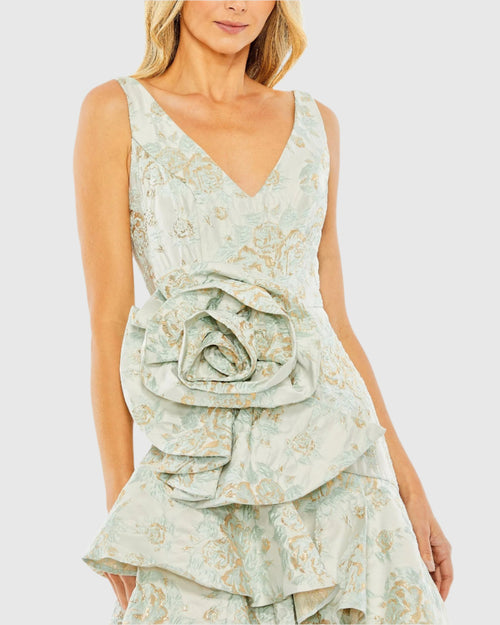 Rose Detail Asymmetrical Brocade Dress