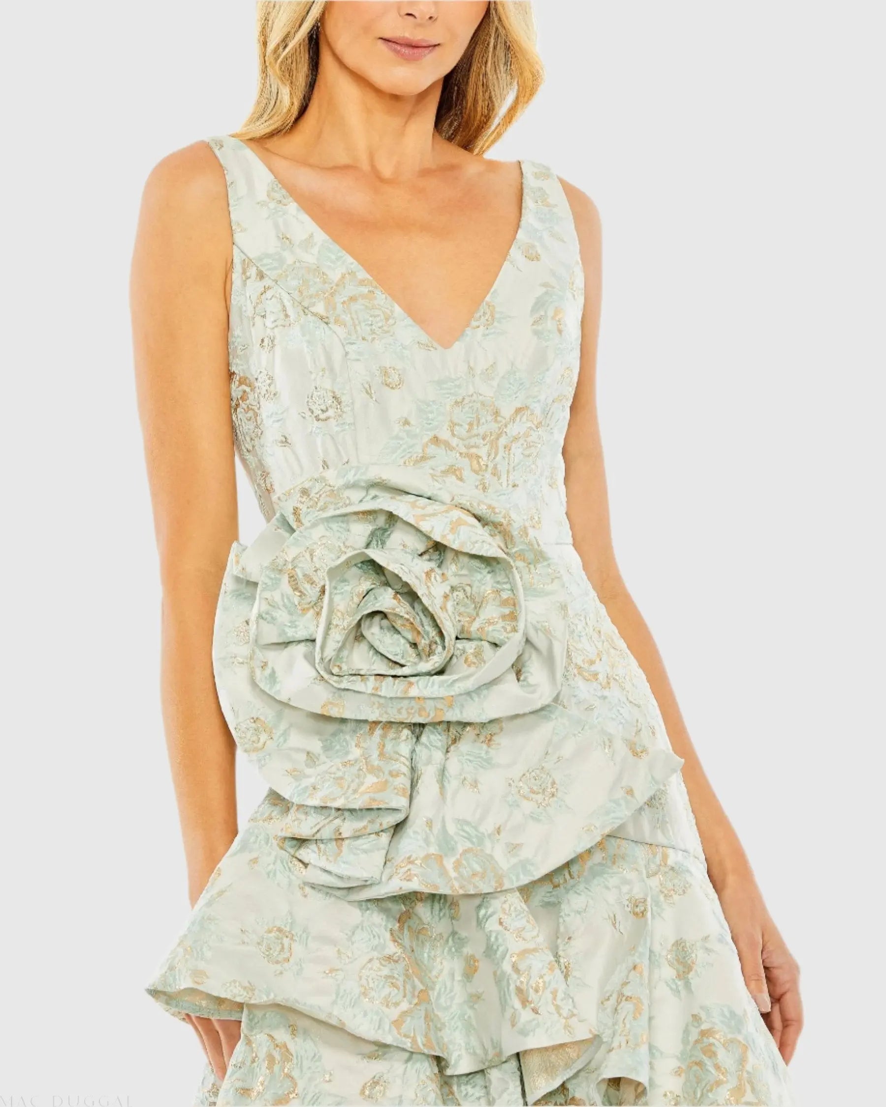 Green Floral Brocade Asymmetrical Hem Dress with Rosette - Mac Duggal