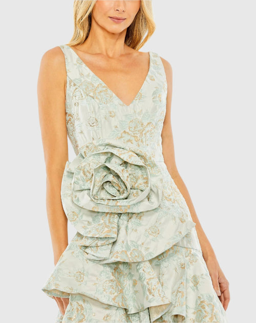 Rose Detail Asymmetrical Brocade Dress