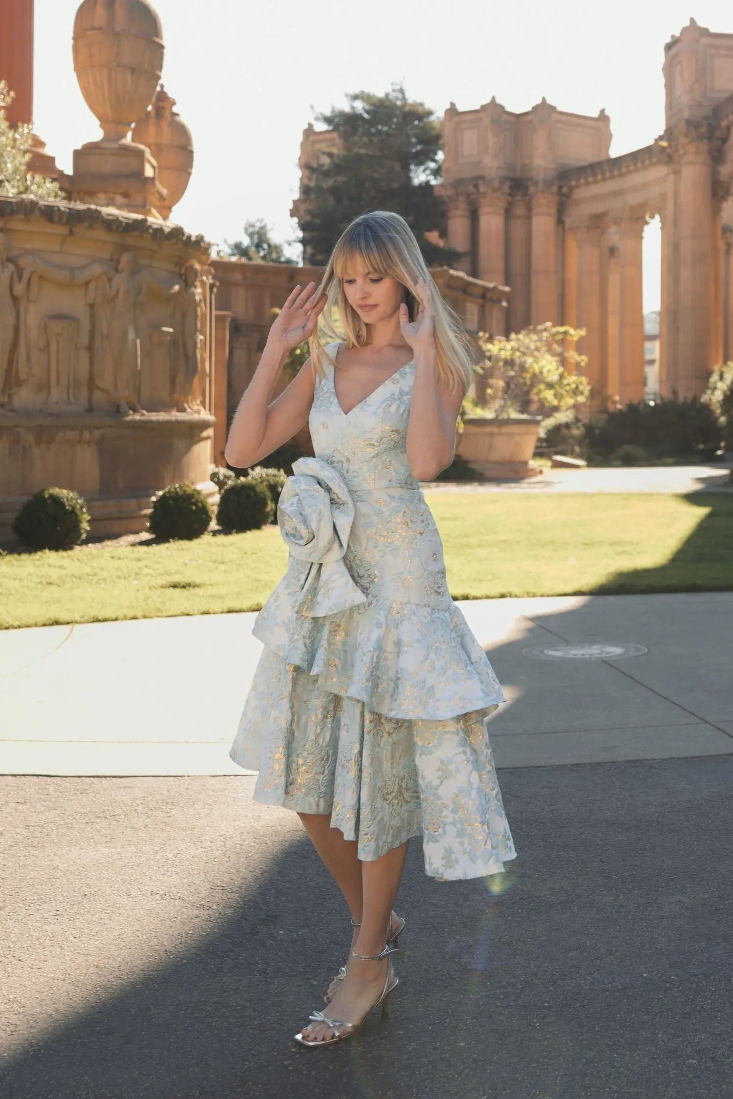 Green Floral Brocade Asymmetrical Hem Dress with Rosette - FINAL SALE Green Floral Brocade Asymmetrical Hem Dress with Rosette - FINAL SALE