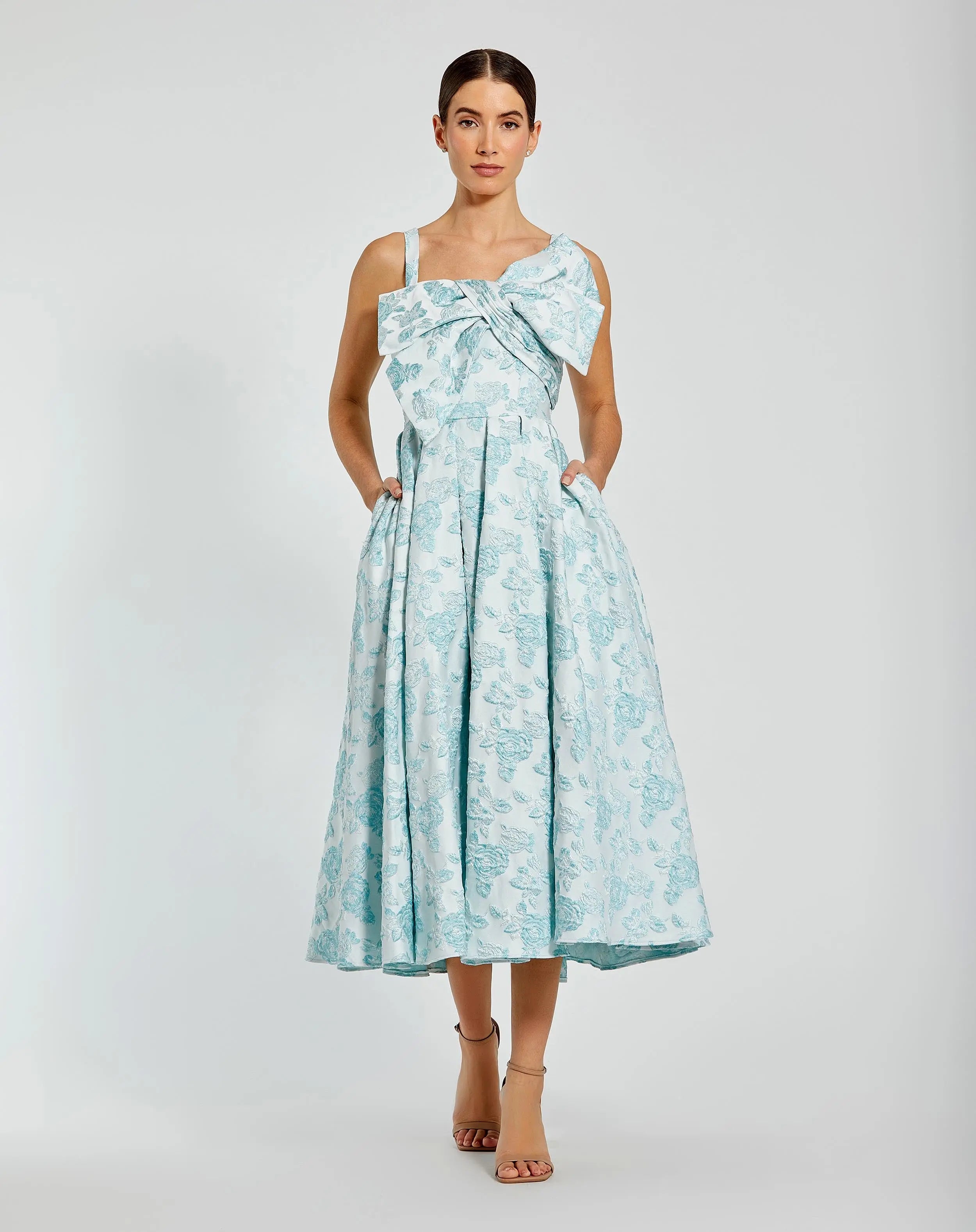 Blue Sleeveless Large Bow Detail Floral Brocade Dress - Mac Duggal