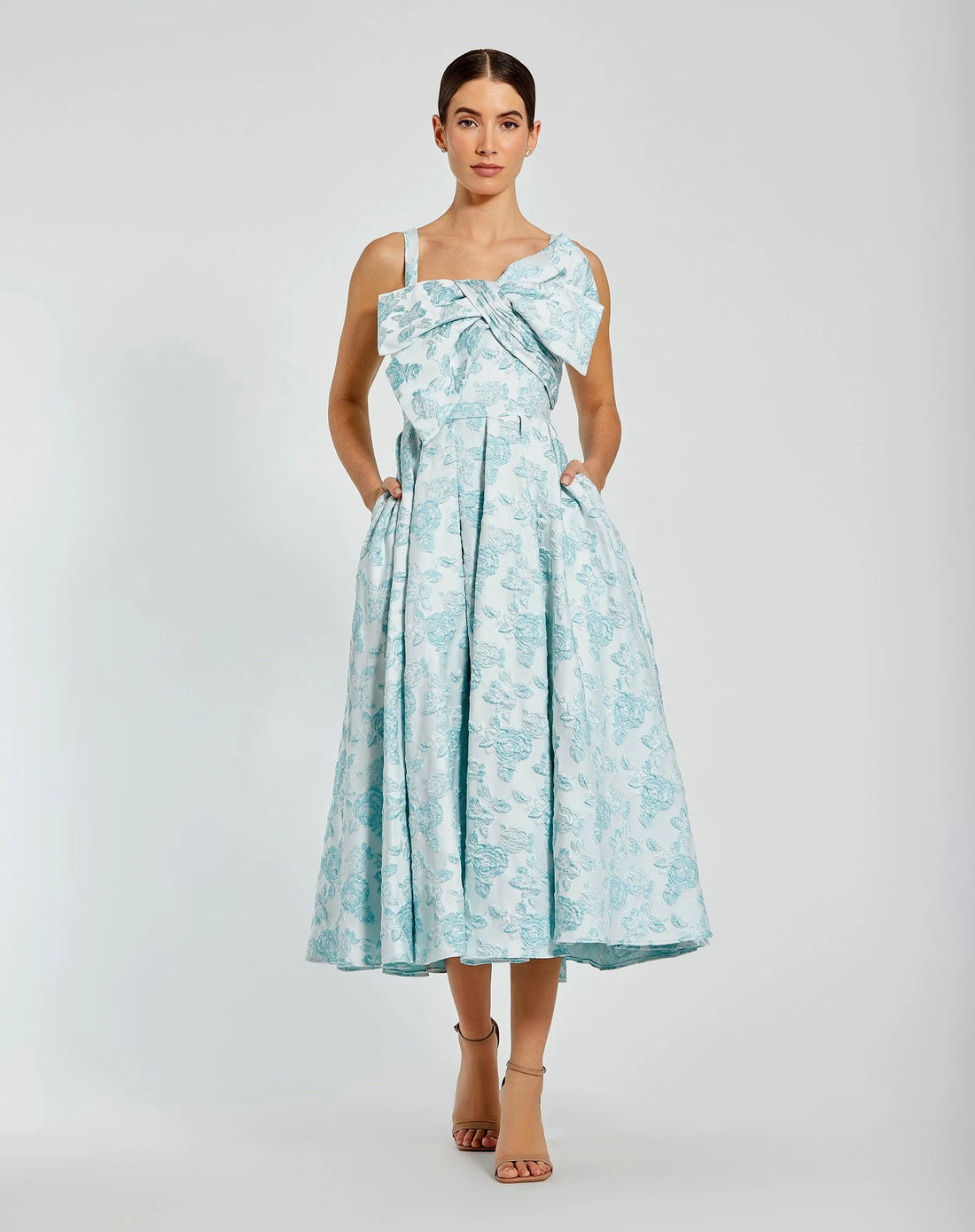 Blue Sleeveless Brocade Midi Dress With Bow