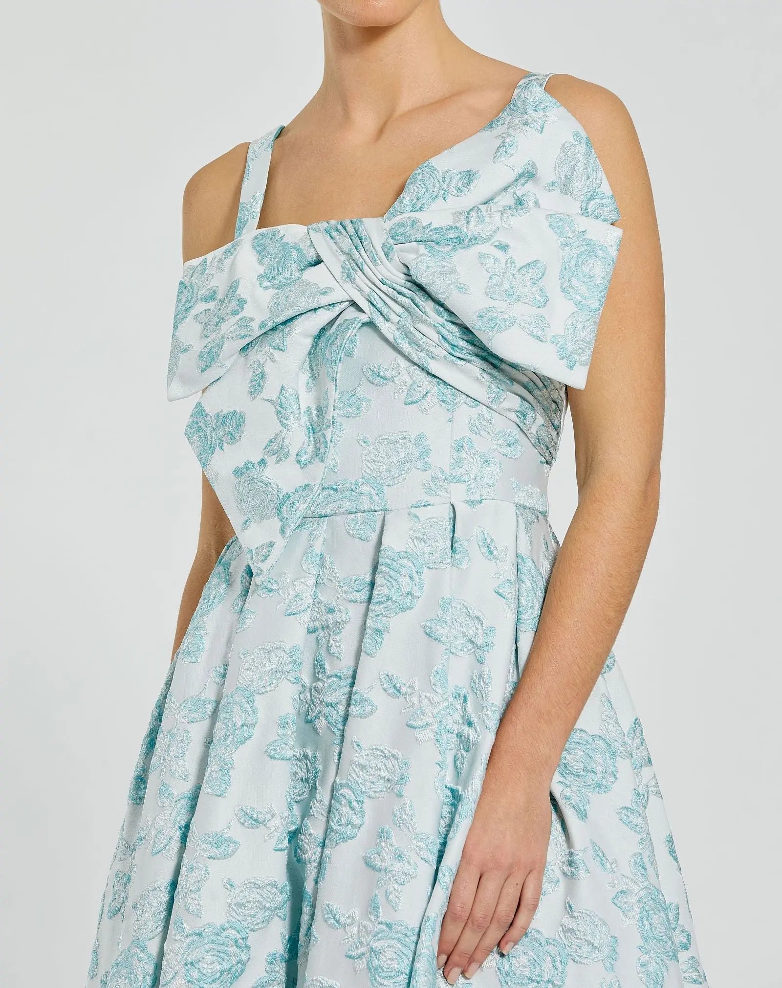 Blue Sleeveless Large Bow Detail Floral Brocade Dress - Mac Duggal