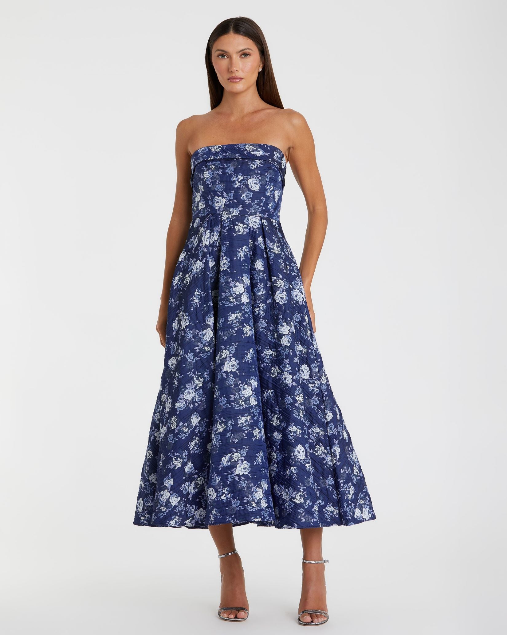 Strapless Brocade Midi Dress