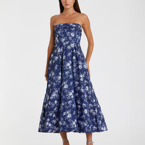 Strapless Brocade Midi Dress