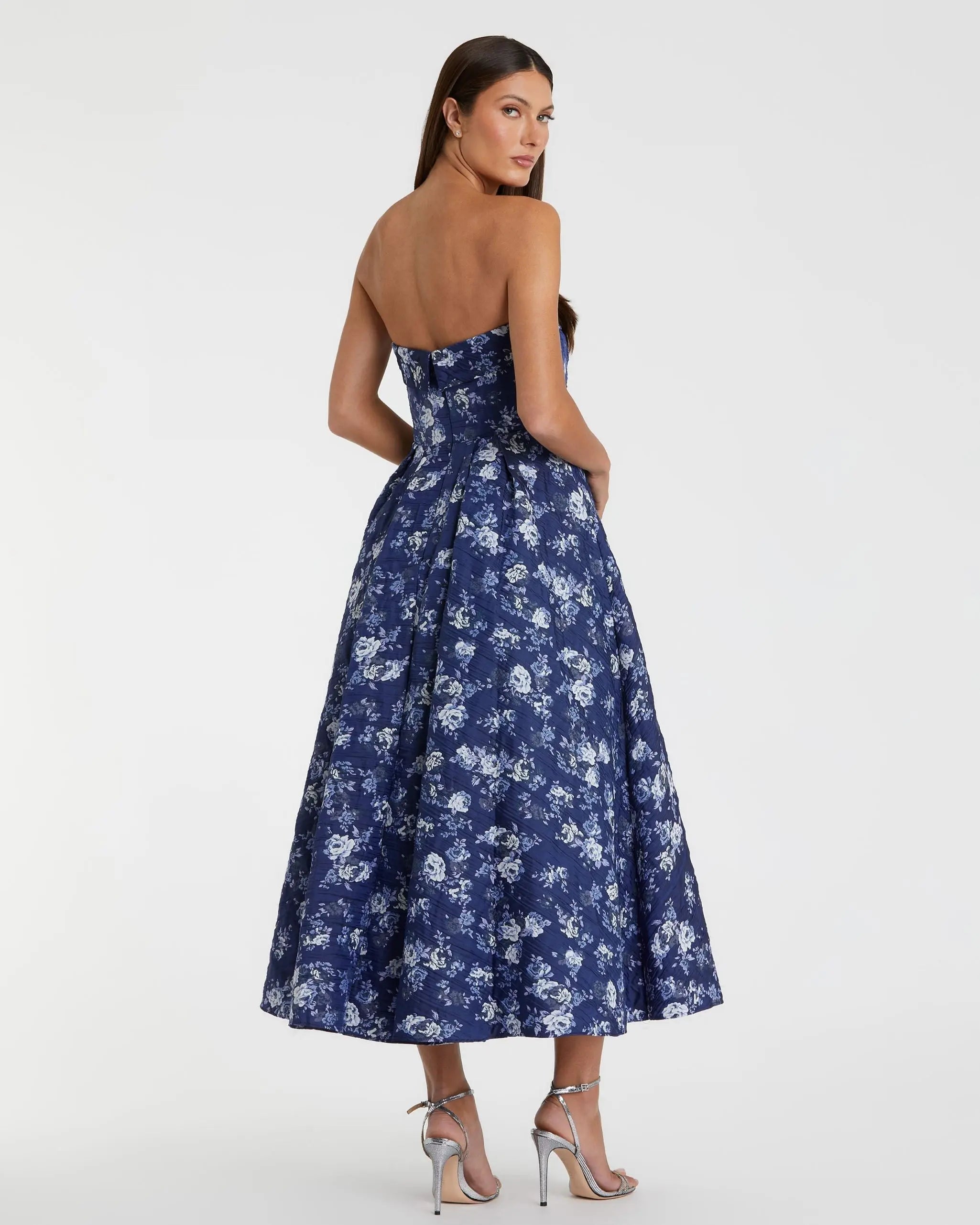 Blue Strapless Brocade Midi Dress - Mac Duggal