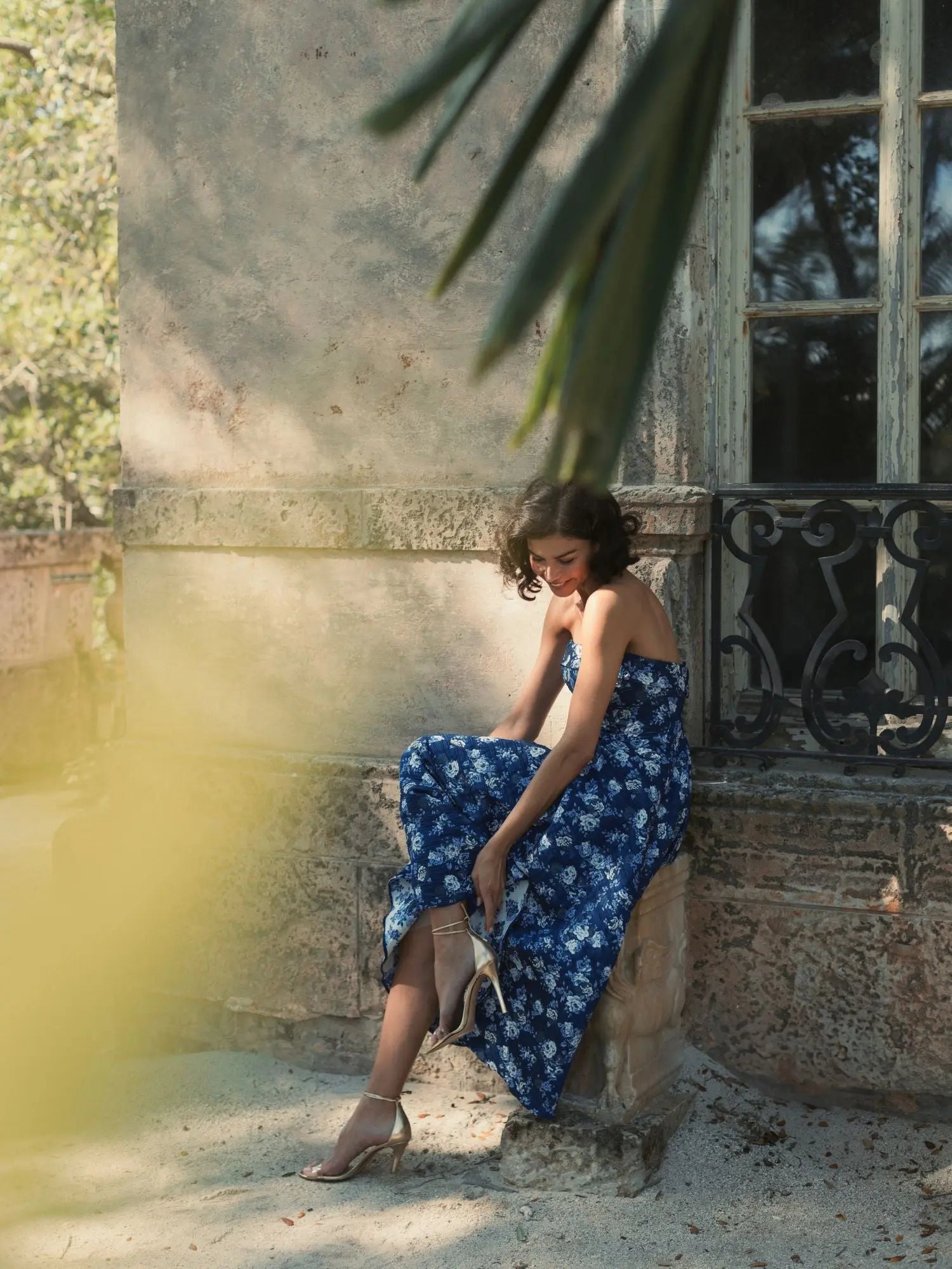 Blue Strapless Floral Brocade Midi Dress